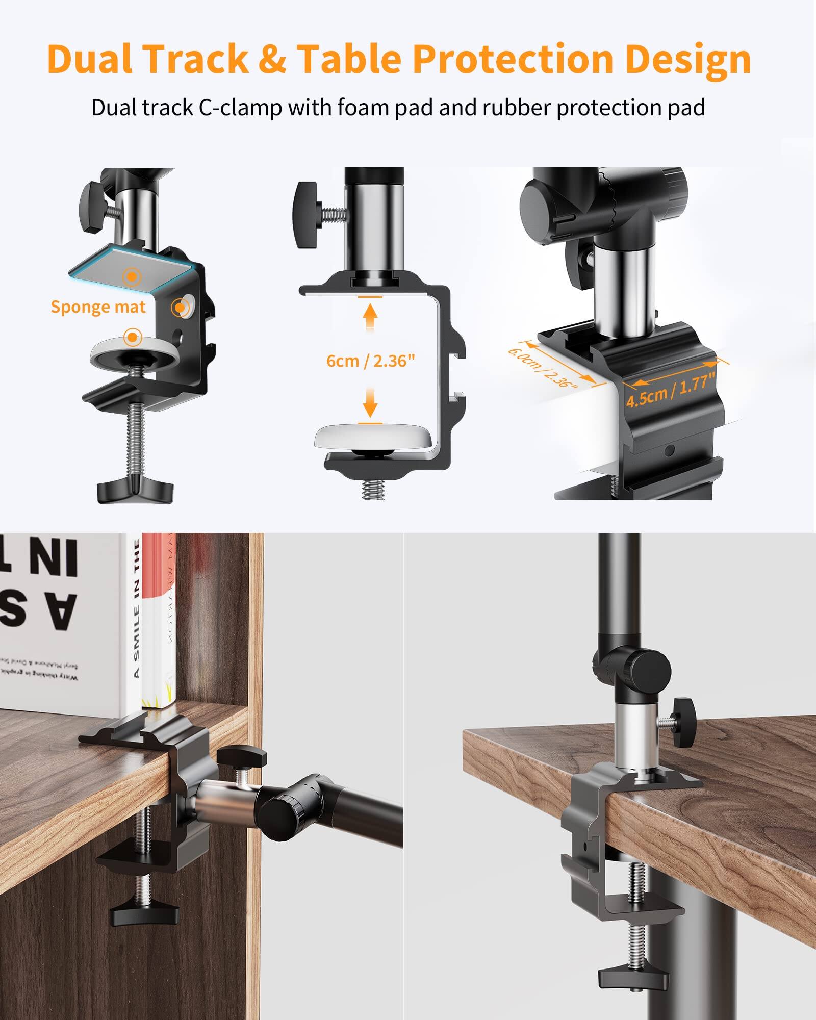 Dual Track & Table Protection Design

Dual track C-clamp with foam pad and rubber protection pad

Sponge mat

6cm / 2.36"

4.5cm / 1.77"