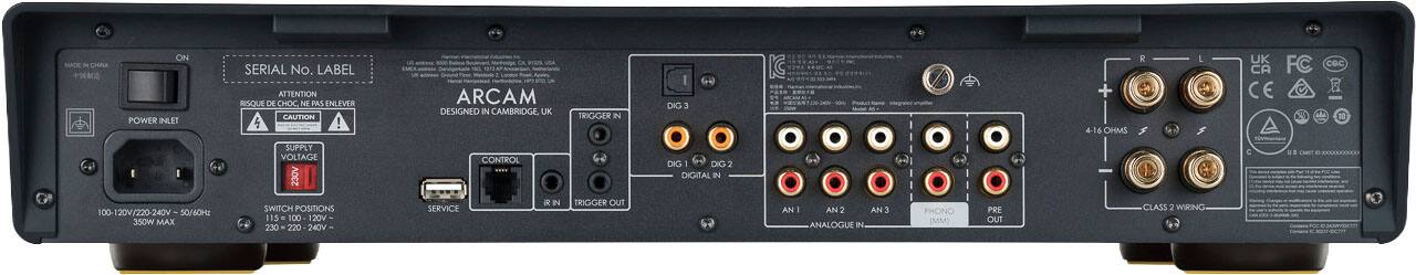 MACE - CVNA  
SERIAL No. LABEL  
ATTENTION  
RISQUE DE CHOC, NE PAS ENLEVER  
CAUTION  

ARCAM  
DESIGNED IN CAMBRIDGE, UK  

POWER INLET  
100-120V/220-240V - 50/60Hz  
350W MAX  

SUPPLY VOLTAGE CONTROL  
DIG 1 DIG 2 DIG 3  
100 20V/220-240V 50/60Hz  

SWITCH POSITIONS  
115 100 20V 230 230 20V  

TRIGGER IN  
DIG 1 DIG 2 DIG 3  
4-16 OHMS  

TRIGGER OUT  

ANALOGUE IN  
AN 1 AN 2 AN 3  

PHONO IN  
(R) (L)  

PRE OUT  
(R) (L)  

CONTROL  
SERVICE  
IR IN  

4-16 OHMS  
CLASS 2 WIRING  

UK FC CA CE CR.C  

MADE IN CHINA  
100-120V/220-