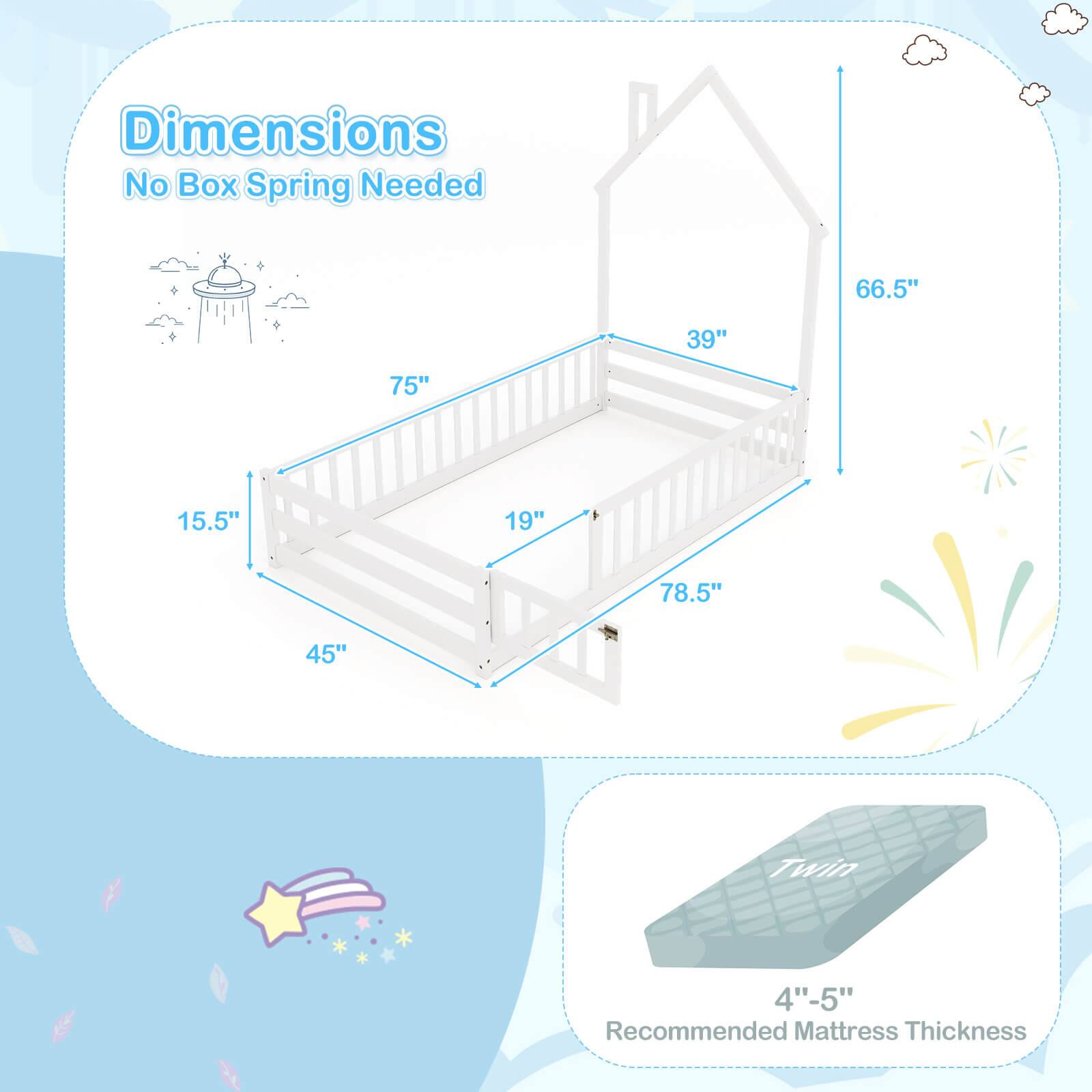 Dimensions: No Box Spring Needed. 66.5" x 39" x 75" x 15.5" x 19" x 78.5" x 45" Twin 4"-5" Recommended Mattress Thickness.