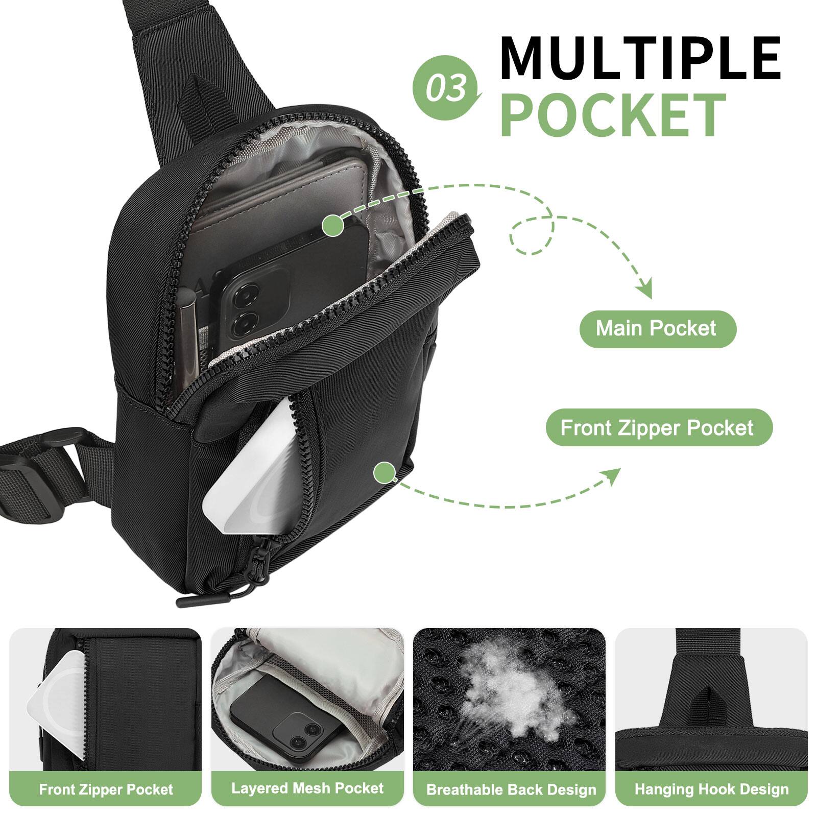 MULTIPLE POCKET

03

Main Pocket  
Front Zipper Pocket  
Layered Mesh Pocket  
Breathable Back Design  
Hanging Hook Design