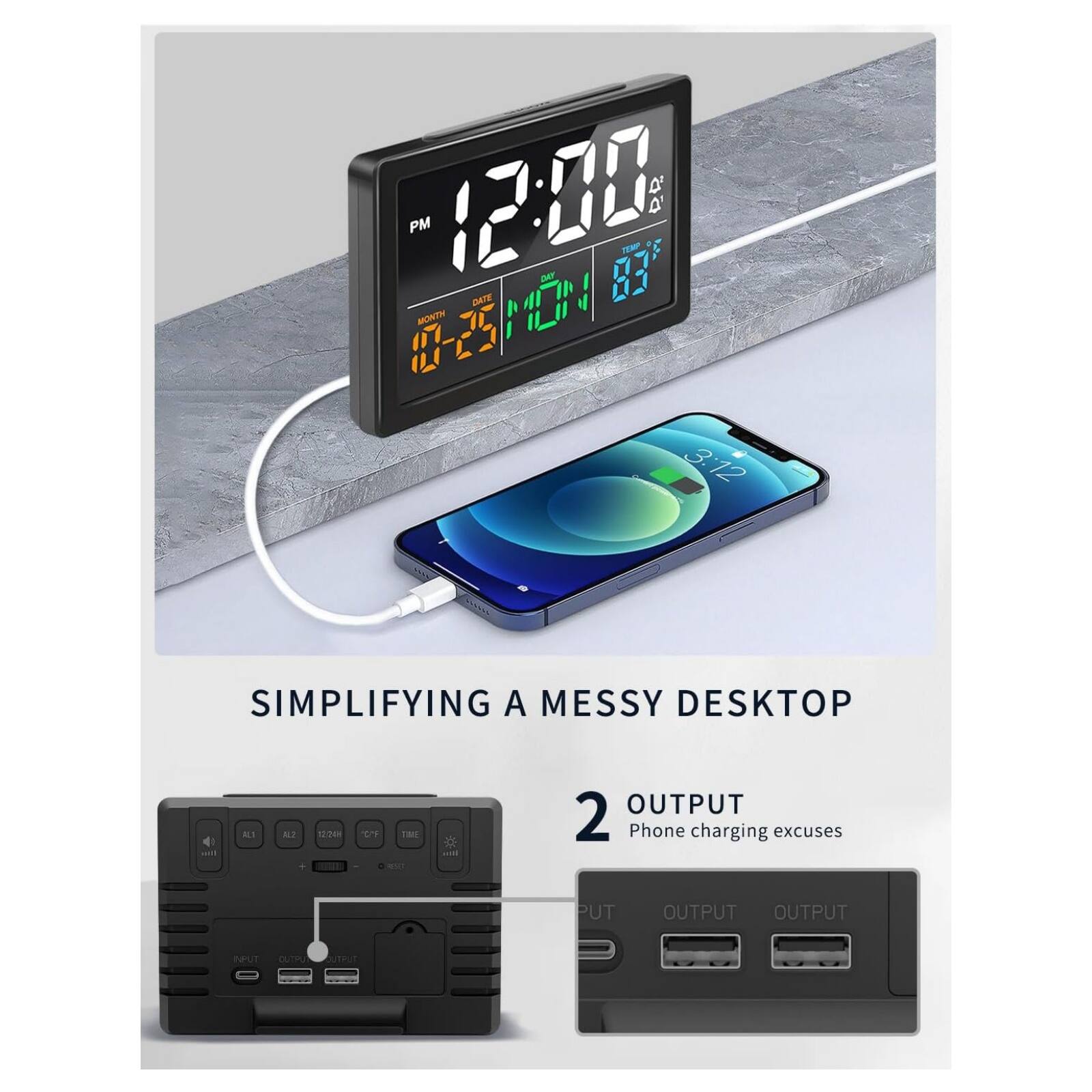 4' PM 12:00: DFY 07 TOW o' DATE 02 17-25 MONTH NON 3.12 SAA SIMPLIFYING A MESSY DESKTOP EI NT 1 TME w.. OUTPUT 2 Phone charging excuses PUT OUTPUT OUTPUT INPUT OUTHU UTFIT