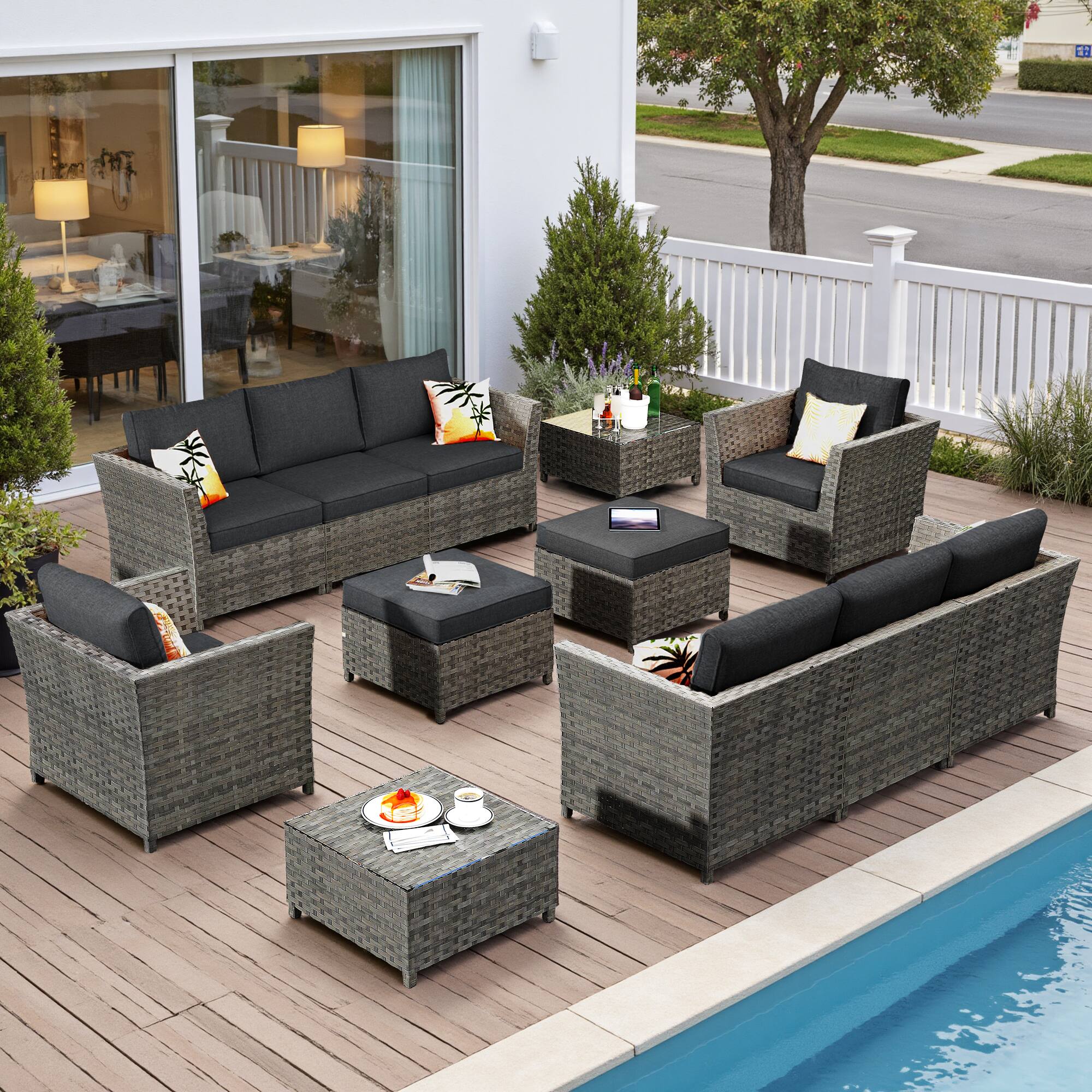 Front. Ovios - 12 PCS Patio Furniture Set, 3 Seat Cushioned Sofa, Comfy Armchair with Ottoman & Coffee Table - Black.