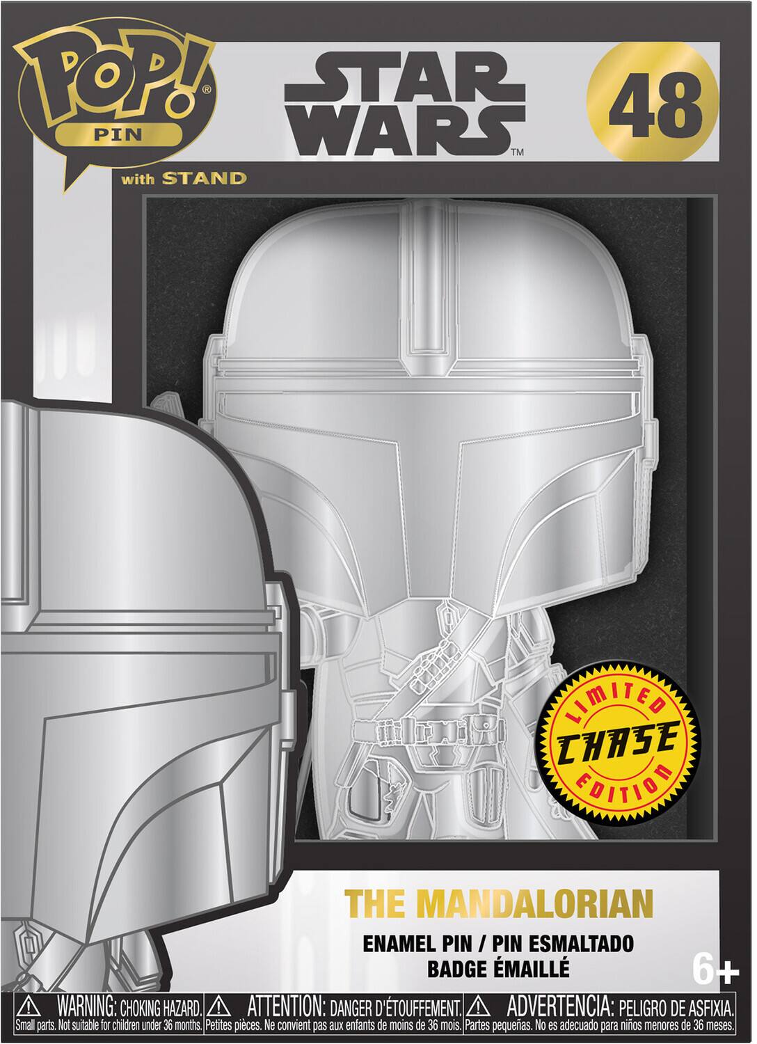 POP! STAR 48 PIN WARS TM with STAND LIMITED EDITION THE MANDALORIAN ENAMEL PIN / PIN ESMALTADO BADGE ÉMAILLÉ 6+ ! WARNING: CHOKING HAZARD. ATTENTION: DANGER D'TOUFFEMENT. ! ADVERTENCIA: PELIGRO DE ASFIXIA. Small parts. Not suitable for children under 36 months. Petites pices. Ne convient pas aux enfants de moins de 36 mois. Partes pequeas. No es adecuado para niños menores de 36 meses.