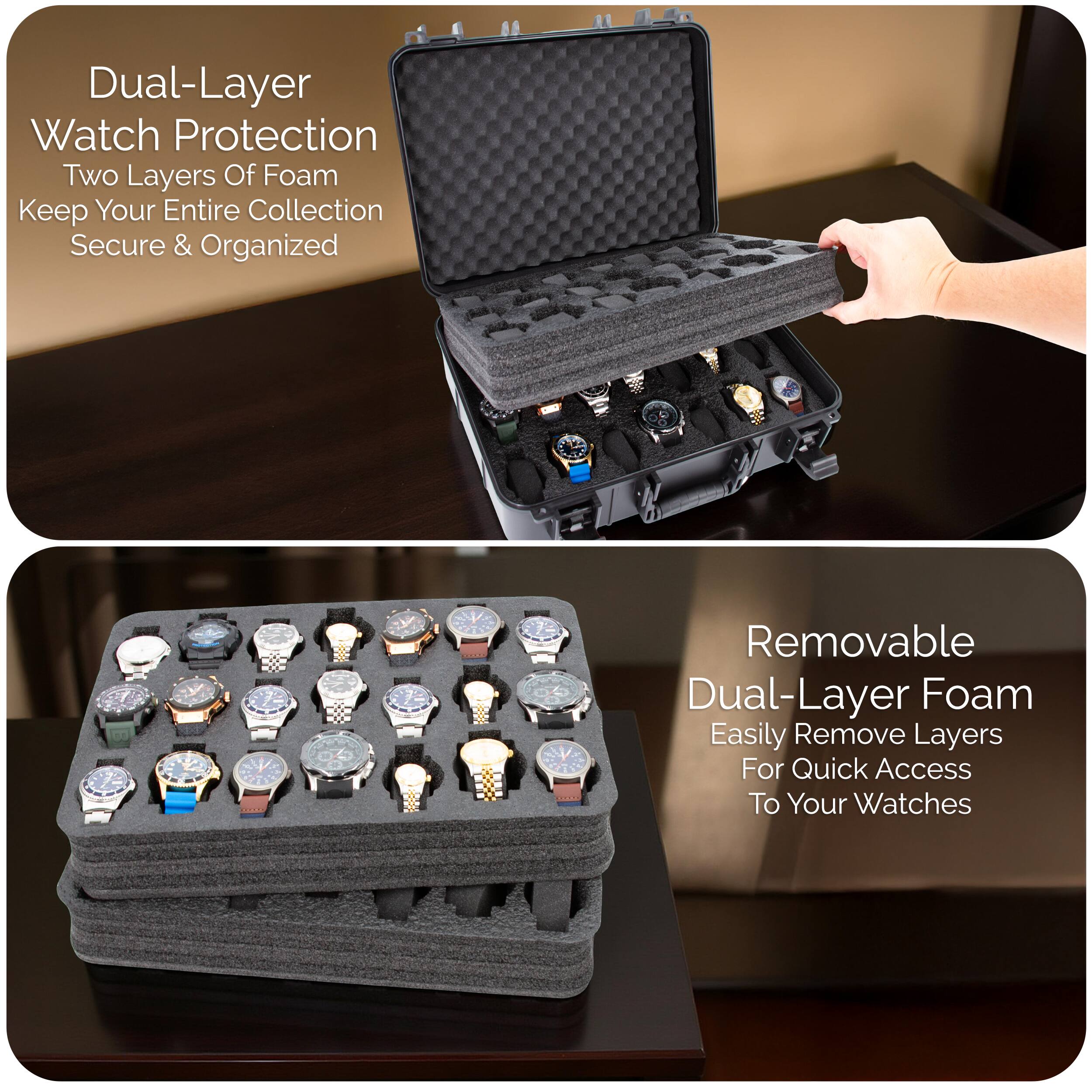 CASEMATIX Watch Travel Case with 42 Slot Foam Holder For 24mm–56mm