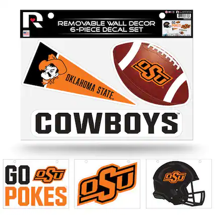 - R2 LIU UARE R REMOVABLE WALL DECOR GO POKES ASo gST 6-PIECE DECAL SET COWBOYS NO SAV ACTUAL SIZE HITTA OKLAHOMA STATE COWBOYS GO S gS POKES oSO
Corrected text:
- R2 REMOVABLE WALL DECOR 6-PIECE DECAL SET OKLAHOMA STATE COWBOYS GO POKES