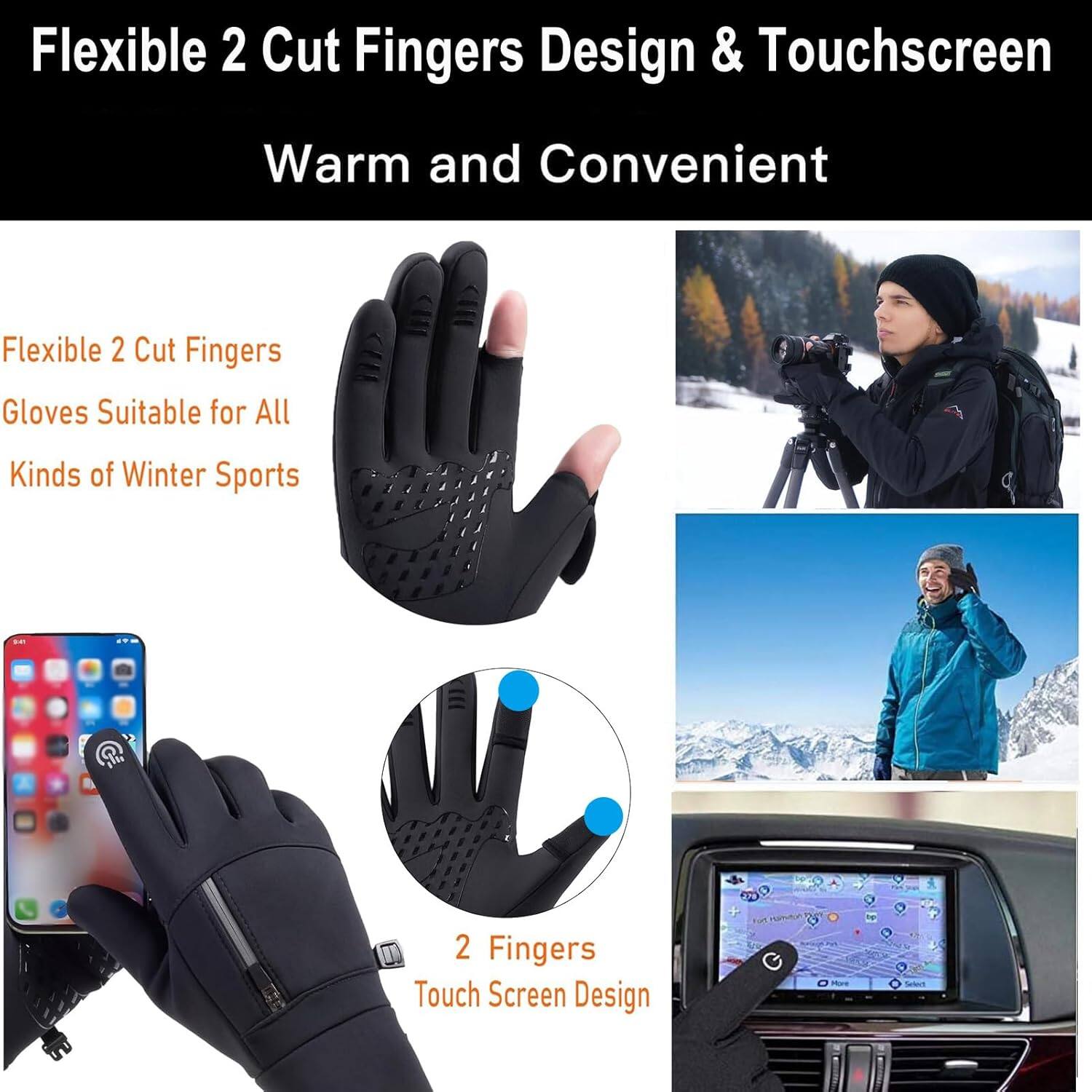 Flexible 2 Cut Fingers Design & Touchscreen Warm and Convenient

Flexible 2 Cut Fingers Gloves Suitable for All Kinds of Winter Sports

2 Fingers Touch Screen Design