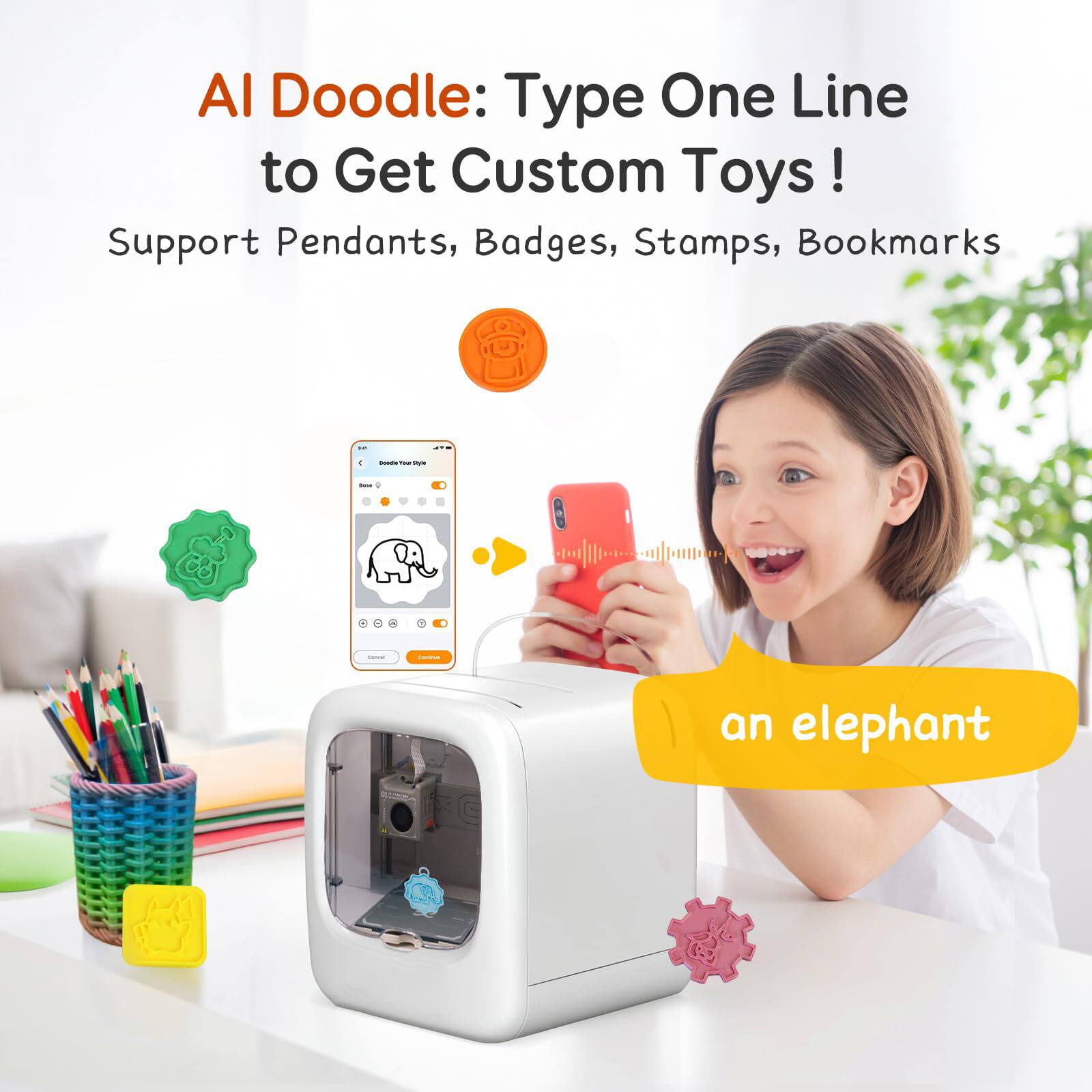 AI Doodle: Type One Line to Get Custom Toys!  
Support Pendants, Badges, Stamps, Bookmarks  

an elephant