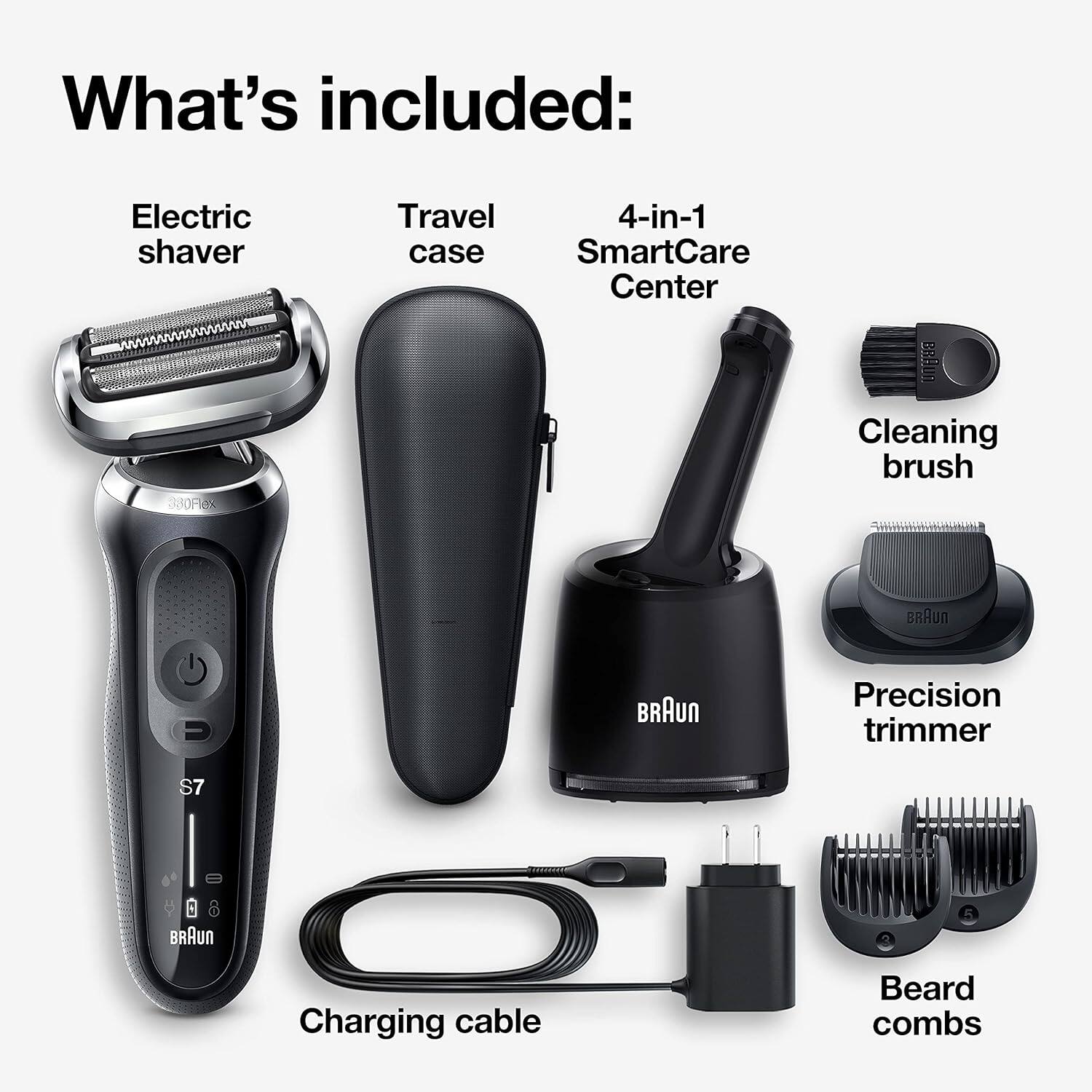 What's included:

- Electric shaver
- Travel case
- 4-in-1 SmartCare Center
- Cleaning brush
- Precision trimmer
- Charging cable
- Beard combs