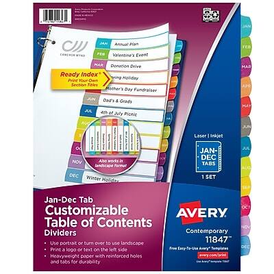 Avery - Ready Index Table of Contents Paper Dividers, 1-12 Tabs, Contemporary - Multicolor