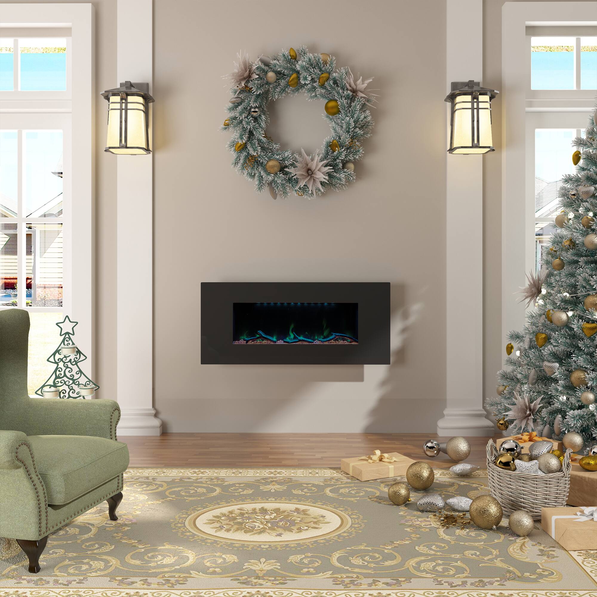 Left. Mondawe - 42" Wall-Mounted Electric Fireplace with Bluetooth & USB Speakers - Black.