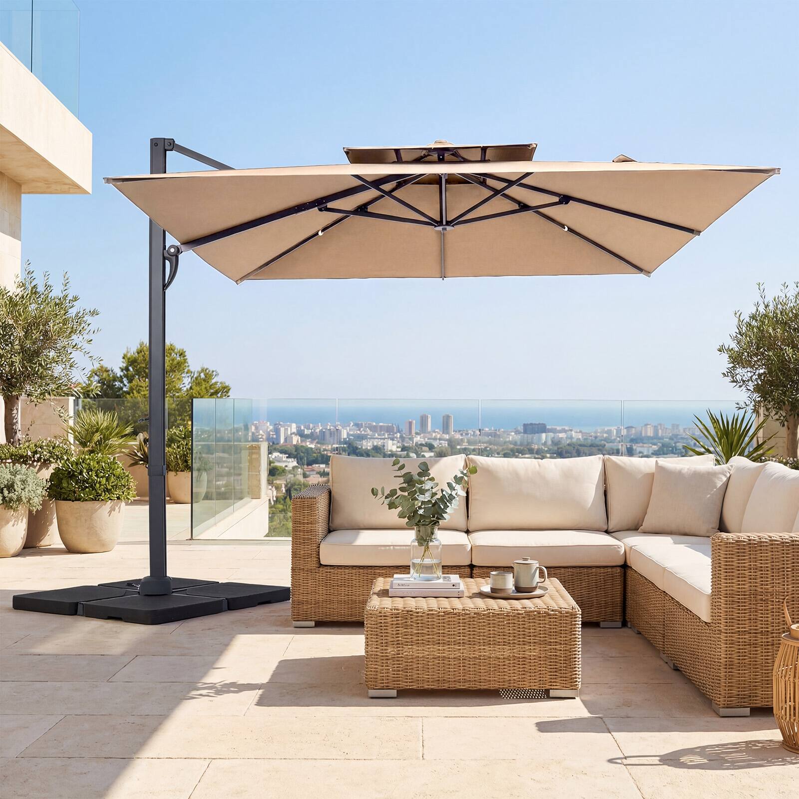 Alt View 4. Gymax - Gymax Cantilever Umbrella w/220 LBS BaseLarge Offset Hanging Umbrella w/360-Degree Rotation Tan - Brown.