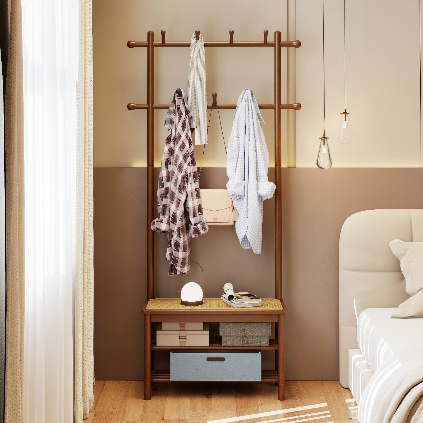 Alt View 4. Costway - Costway Bamboo Coat Rack with Bench Shoe Storage 2 Hanging Rods 11 Hanging Hooks Shelves - Brown.