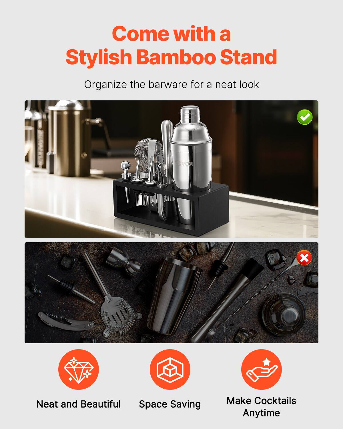 Come with a Stylish Bamboo Stand

Organize the barware for a neat look

Neat and Beautiful  
Space Saving  
Make Cocktails Anytime