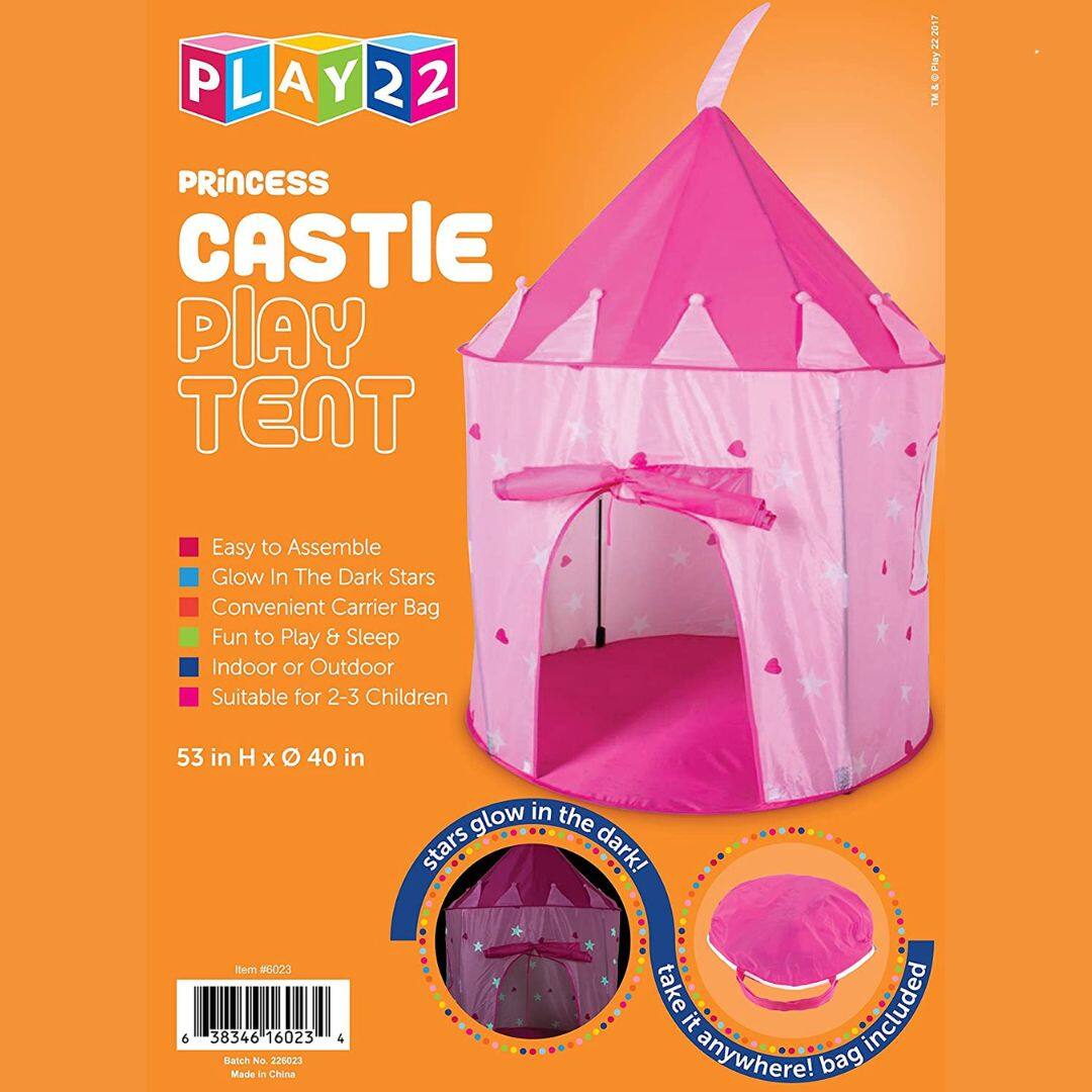 **PLAY22**

**PRINCESS CASTLE PLAY TENT**

- Easy to Assemble
- Glow In The Dark Stars
- Convenient Carrier Bag
- Fun to Play & Sleep
- Indoor or Outdoor
- Suitable for 2-3 Children

53 in H x 40 in

**stars glow in the dark!**

**take it anywhere! bag included**

Item #6023

Batch No. 226023

Made in China

638346 16023 4