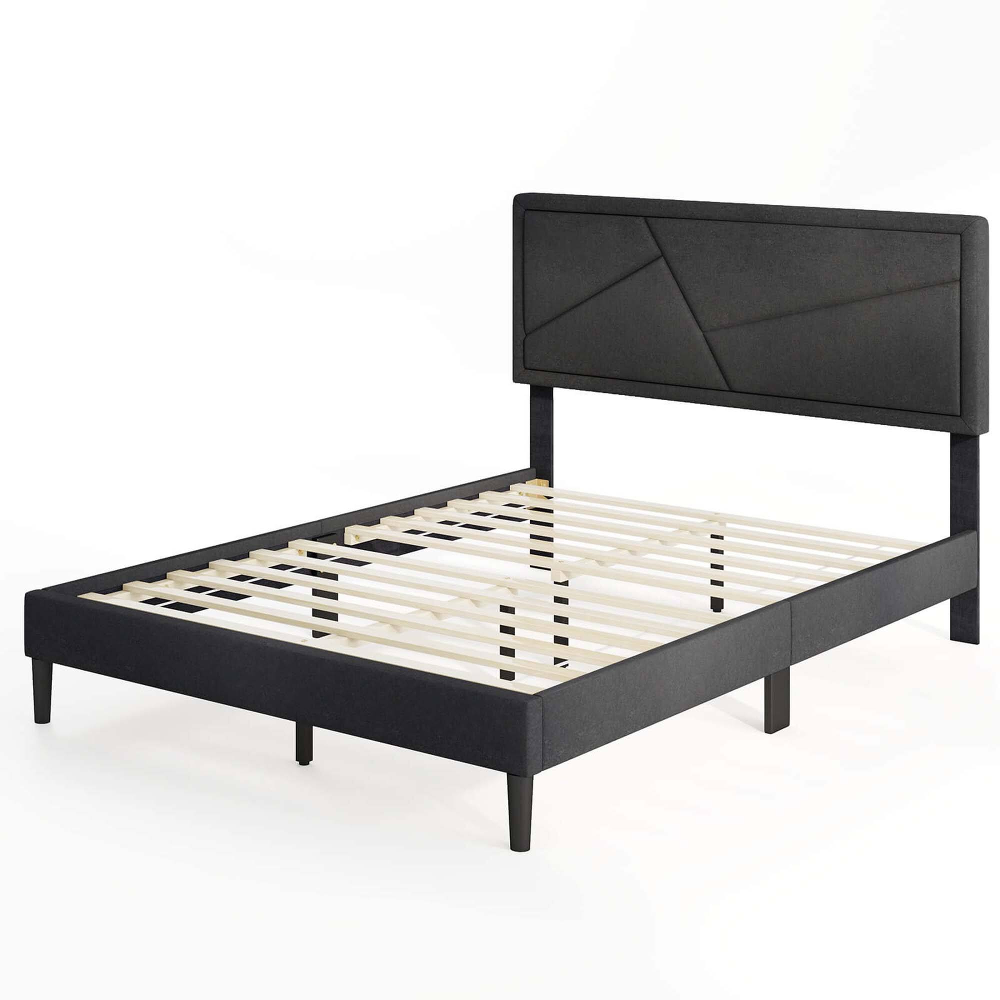 Costway - Full Size Bed Frame with High Headboard & Wooden Slats No Box Spring Needed - Gray