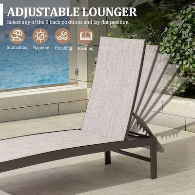 ADJUSTABLE LOUNGER  
Select any of the 5 back positions and lay flat position  
Sunbathing  
Napping  
Relaxing  
Reading