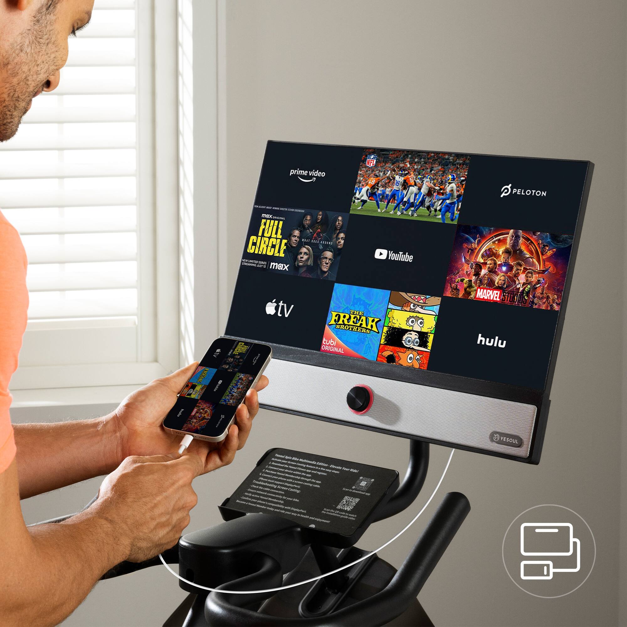 The text on the image is grouped and corrected as follows:

1. Prime Video
2. Full Circle
3. YouTube TV
4. The Freak
5. Peloton
6. Marvel Studios
7. Tubi
8. Hulu
9. Yesoul

These are the available options on the screen of the device being used by the man.