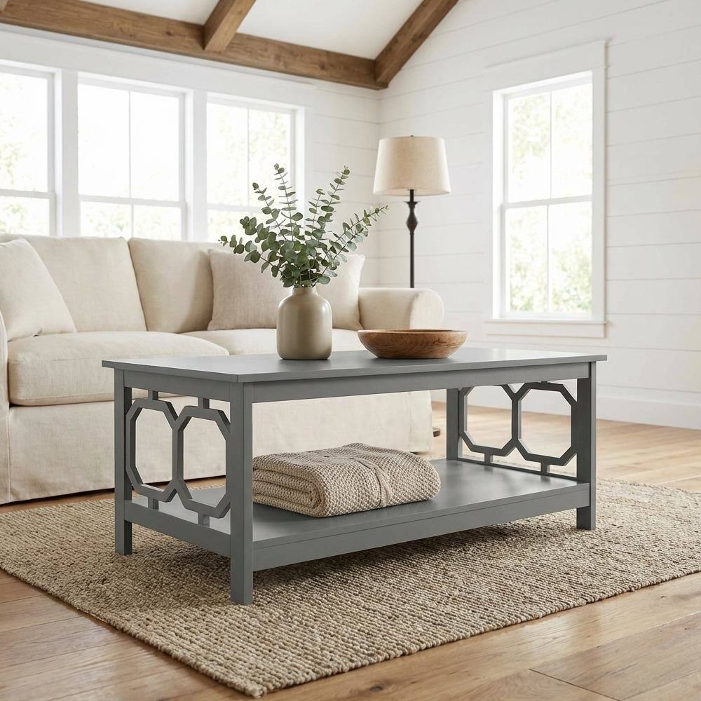 Left. FurniFact - Coffee Table MDF in Neutral Finish with Lower Shelf Storage Surface - Gray.