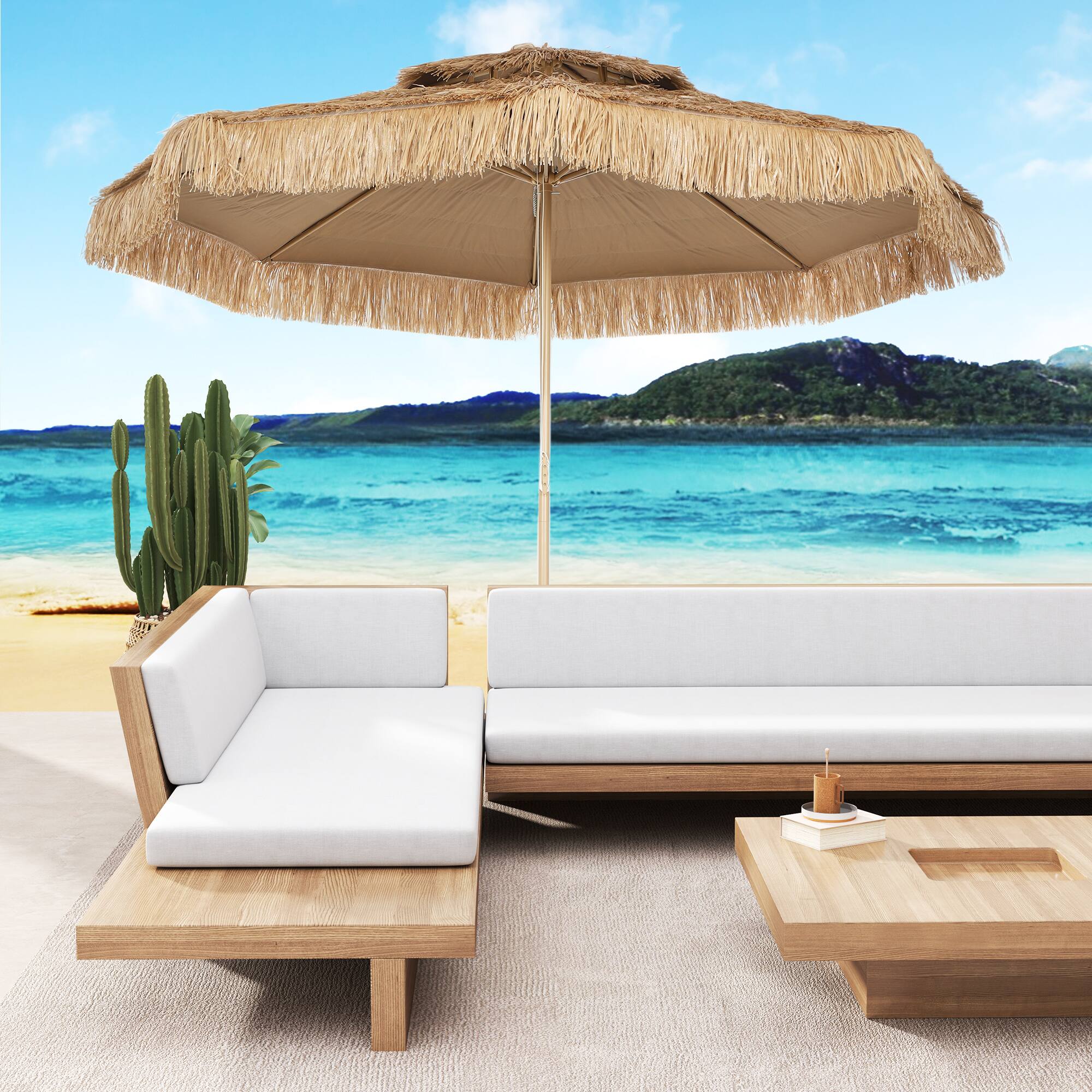 Alt View 8. Outsunny - ft. Hula Thatched Tiki Patio Outdoor Umbrella with 8 Ribs, UPF30+, for Garden, Backyard, Deck - Natural.