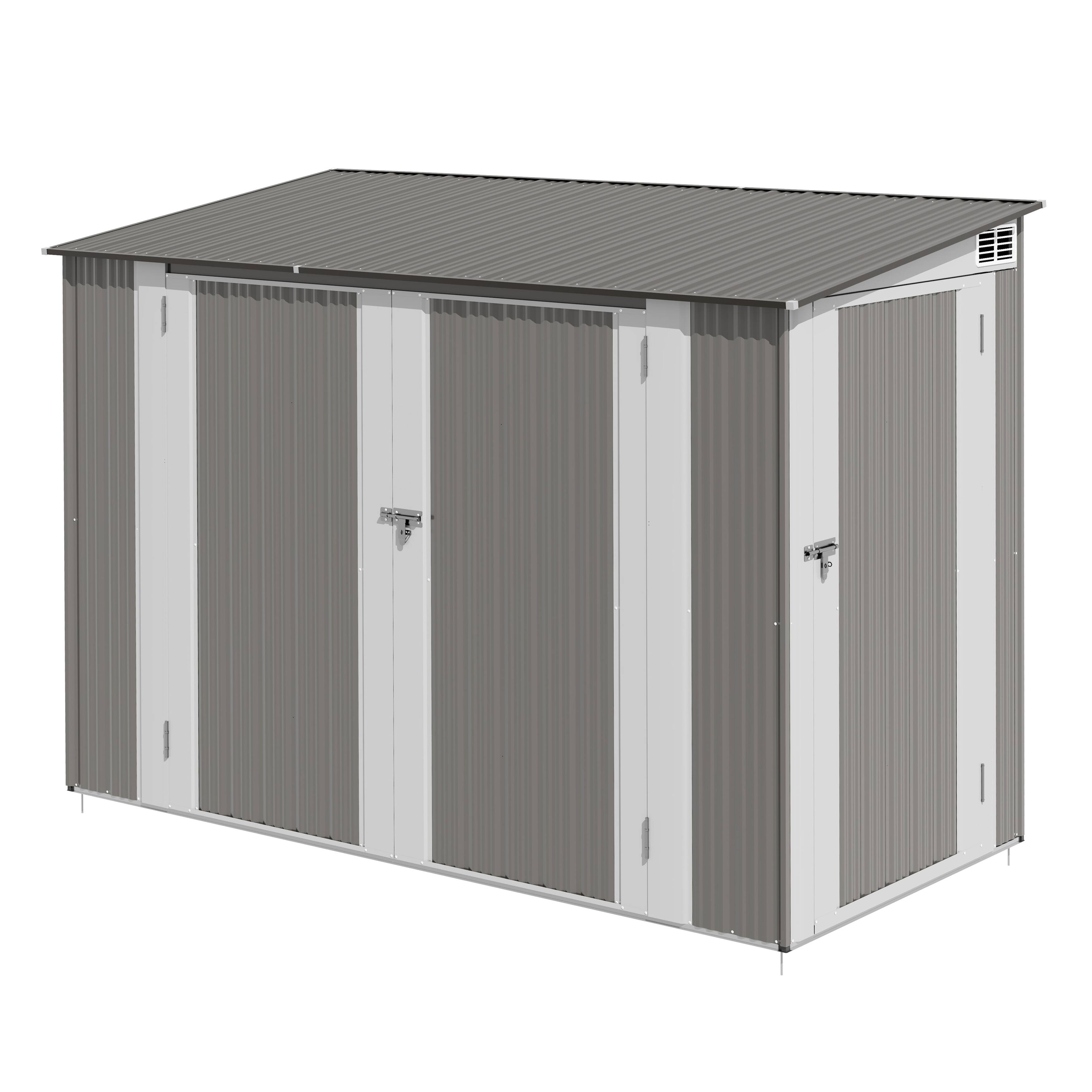 Alt View 6. Nuu Garden - 7 x 3.5 FT Galvanized Metal Outdoor Storage Shed with Air Vents, Lockable Doors, Sloped Roof - Olive Gray and White.