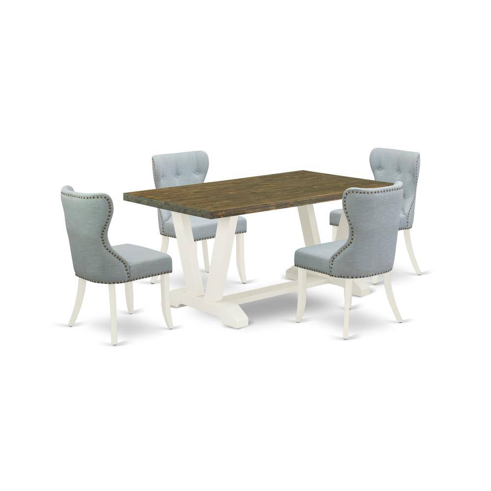 Left. East West Furniture - East West Furniture V076SI215-5 5-Piece Dining Table Set- 4 Upholstered Dining Chairs with Baby Blue Linen Fabric Seat - Multi-Color.