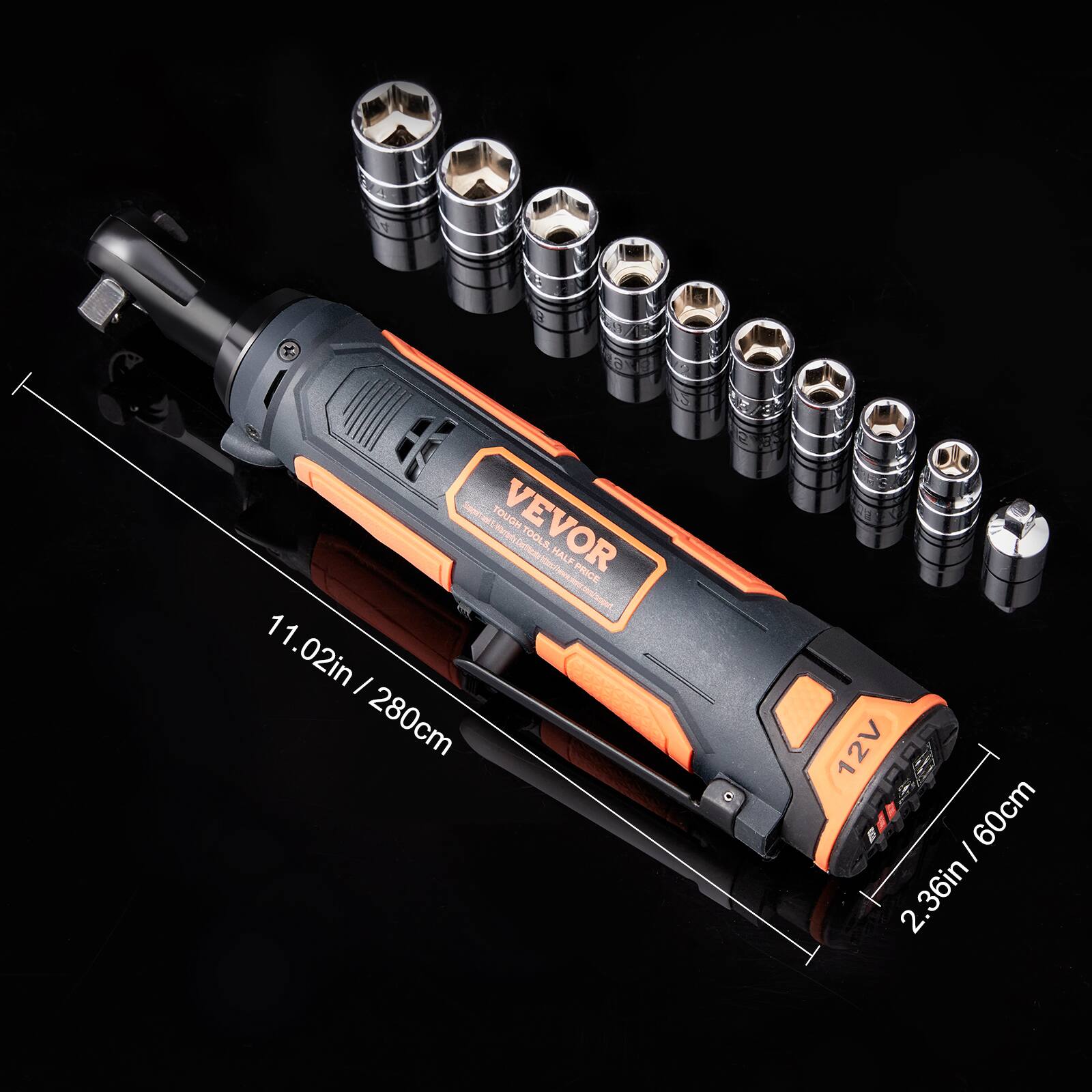 VEVOR  
TOUGH TOOLS  
11.02in / 280cm  
2.36in / 60cm  
12V