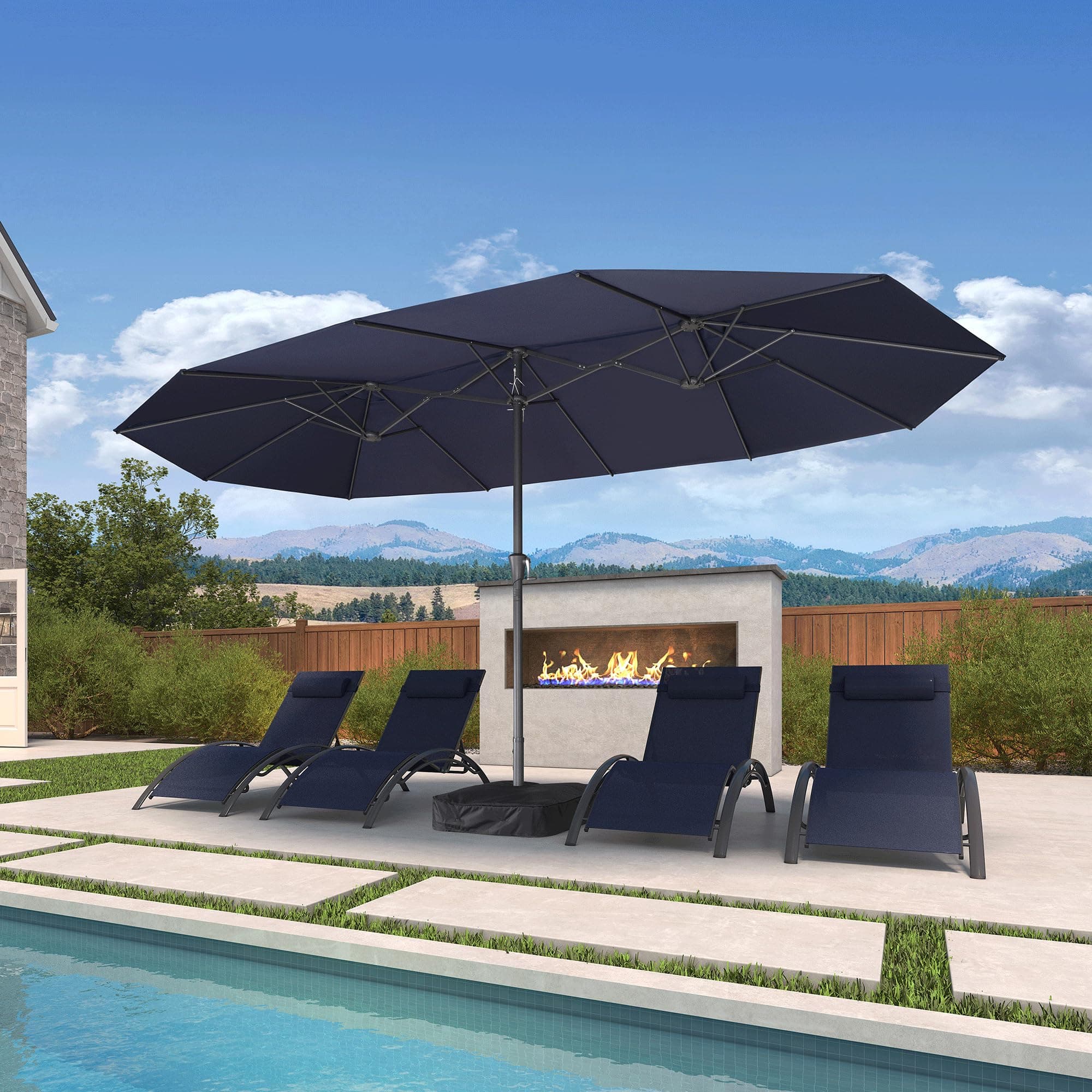 Front. PURPLE LEAF - 15 ft. Patio Market Umbrella with Base Double-Sided Outdoor Table Sun Umbrellas with Crank for Pool Beach Deck Backyard - Navy Blue.