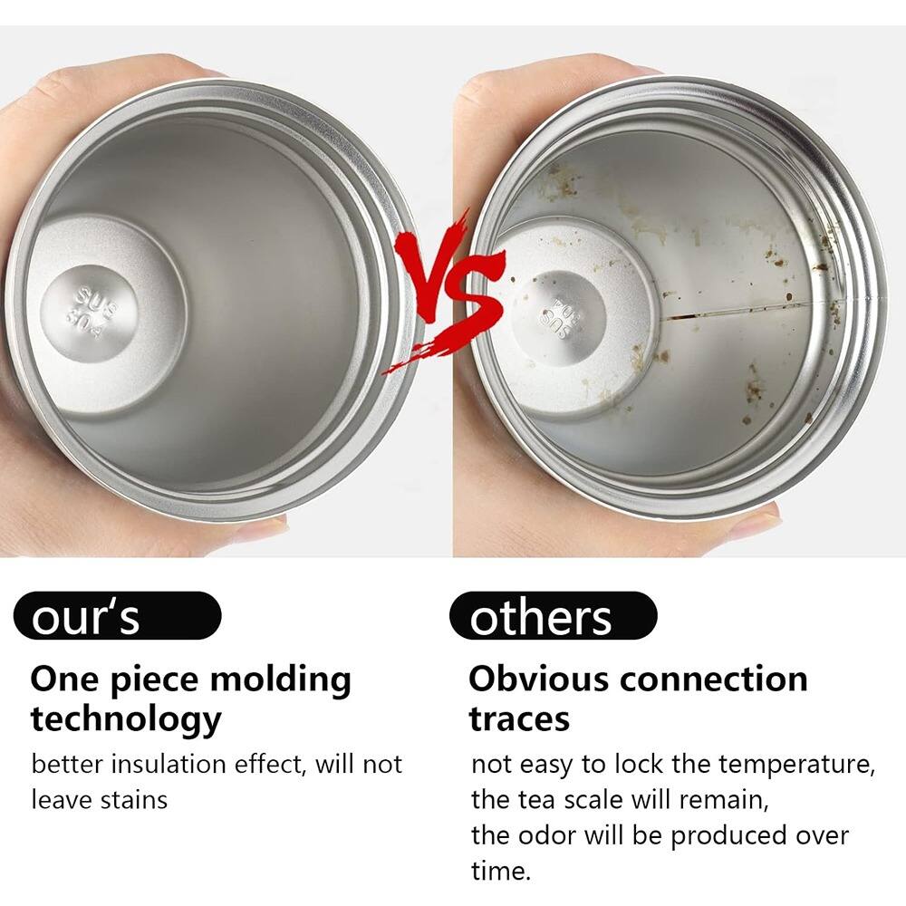 Our's  
One piece molding technology  
better insulation effect, will not leave stains  

Others  
Obvious connection traces  
not easy to lock the temperature, the tea scale will remain, the odor will be produced over time.