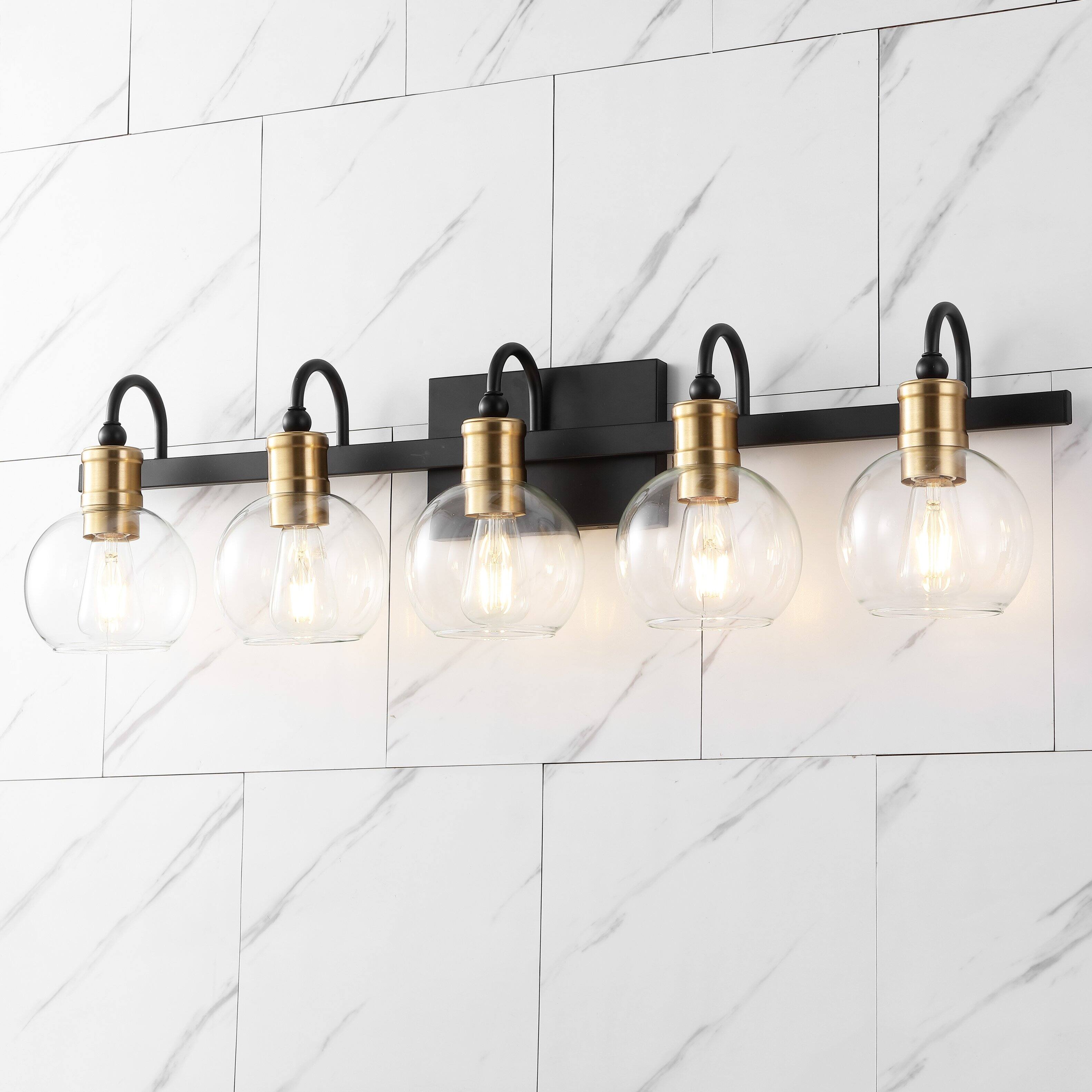 Alt View 1. Jonathan Y - Marais 36.5" 5-Light Iron/Glass Rustic Vintage LED Vanity Light, Black/Brass Gold - Black/Brass Gold.