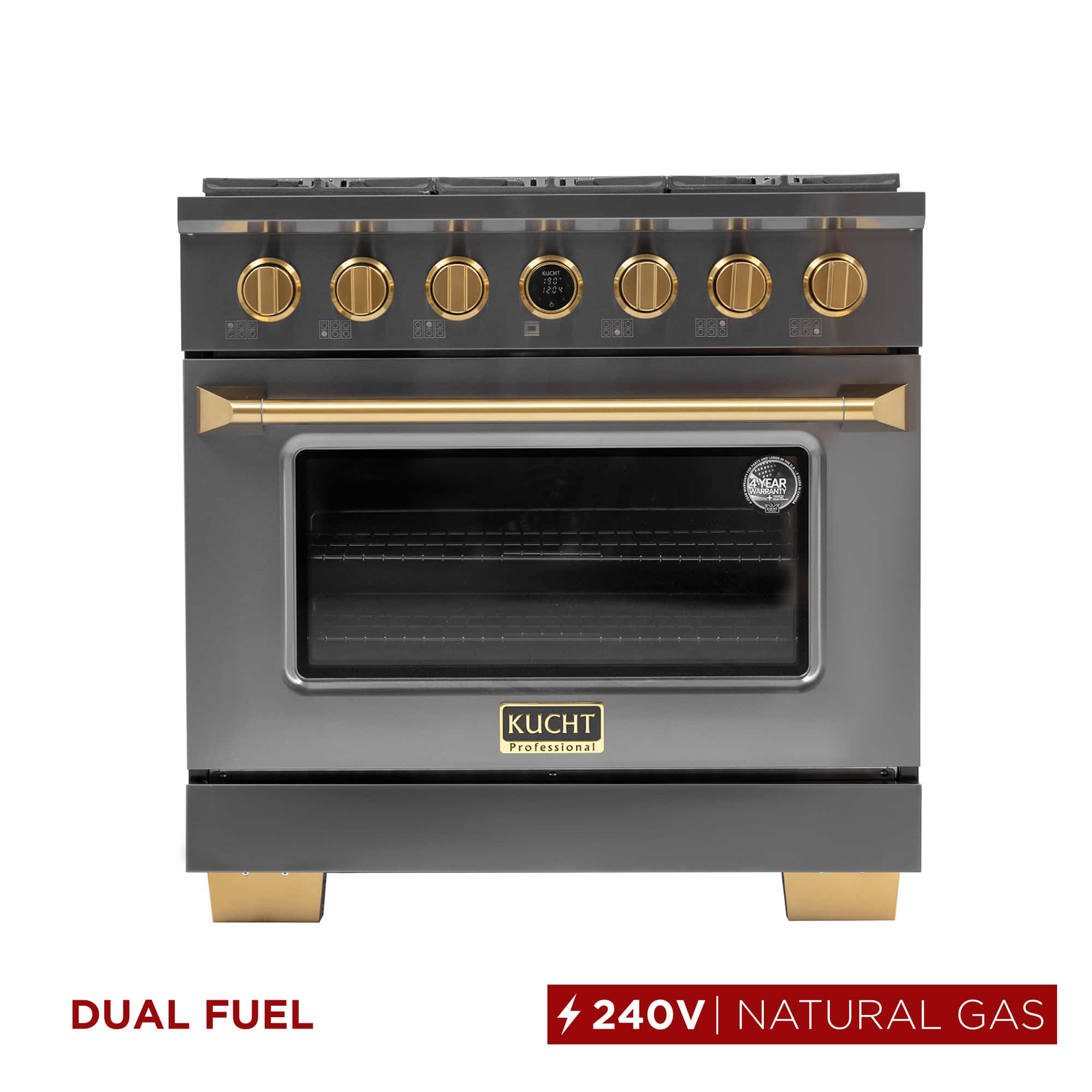 36 in. 5.2 cu. ft. Dual Fuel Range, 6 Burners, NG, Titanium SS, Kucht Horus Thermostat - Gemstone
