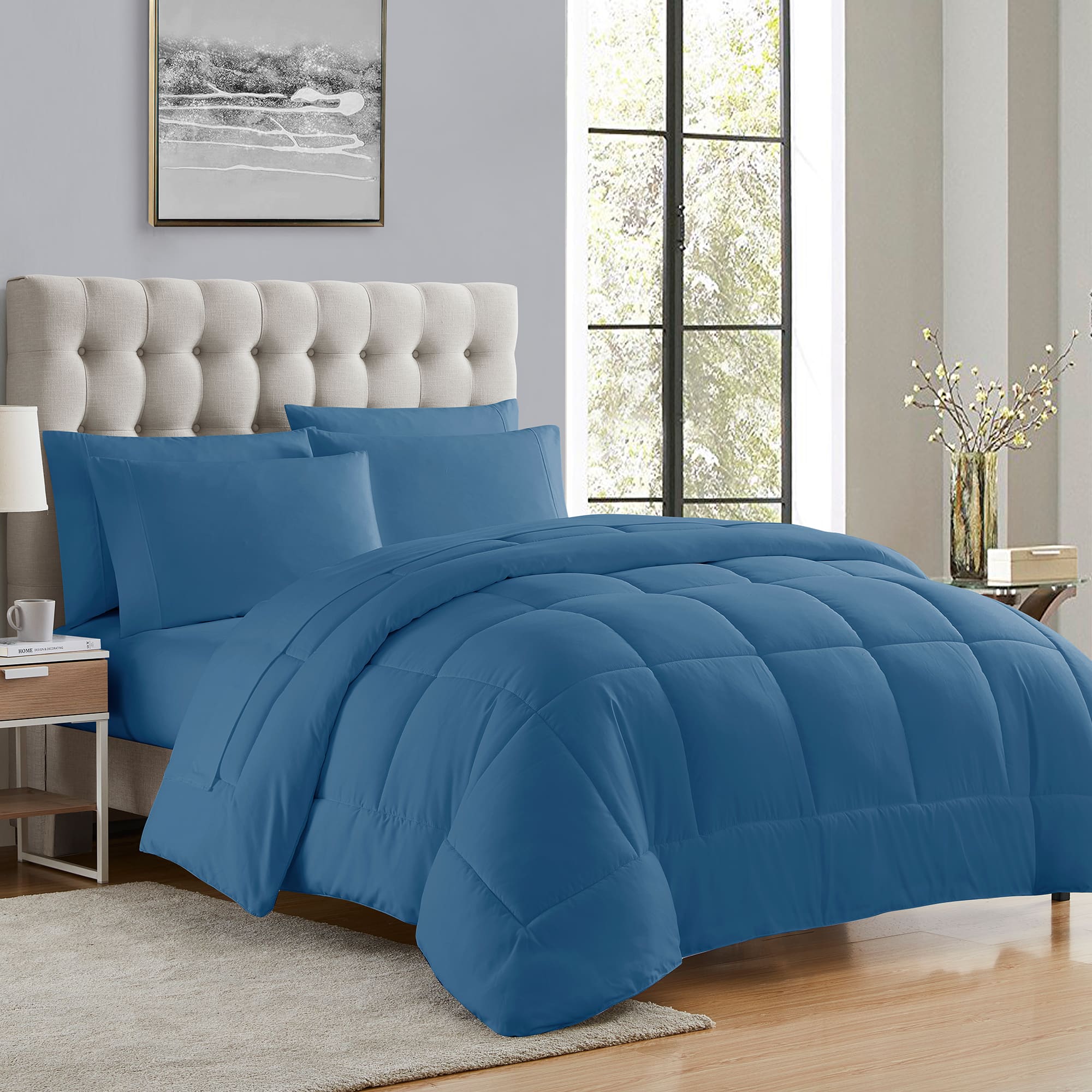 Front. Sweet Home Collection - All Season Reversible Bed-in-A-Bag Solid Color Comforter & Sheet Set, Queen - Denim.