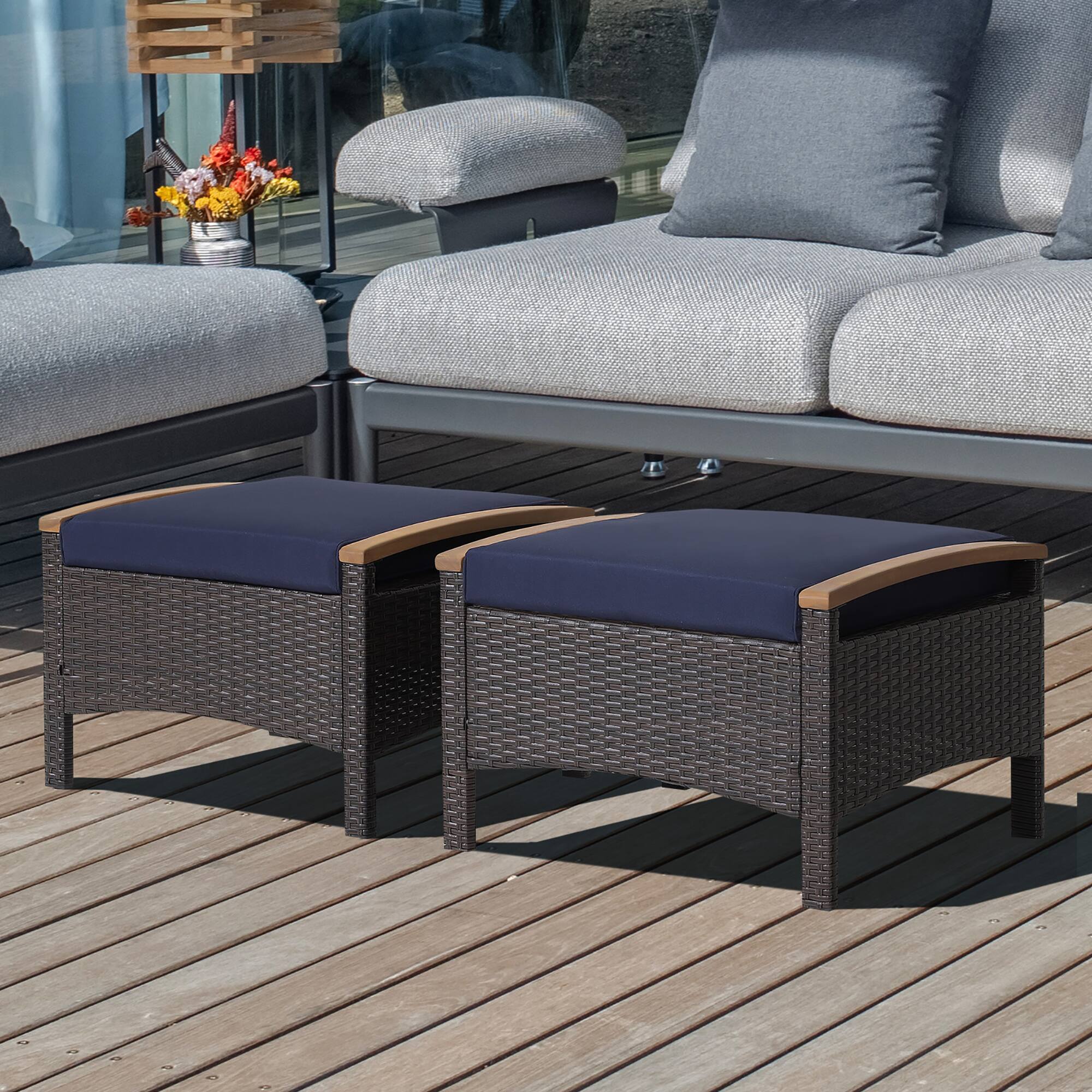 Alt View 1. Costway - Costway Set of 2 Patio Rattan Ottoman Footrest Cushions Wooden Handle - Mix Brown,Navy.