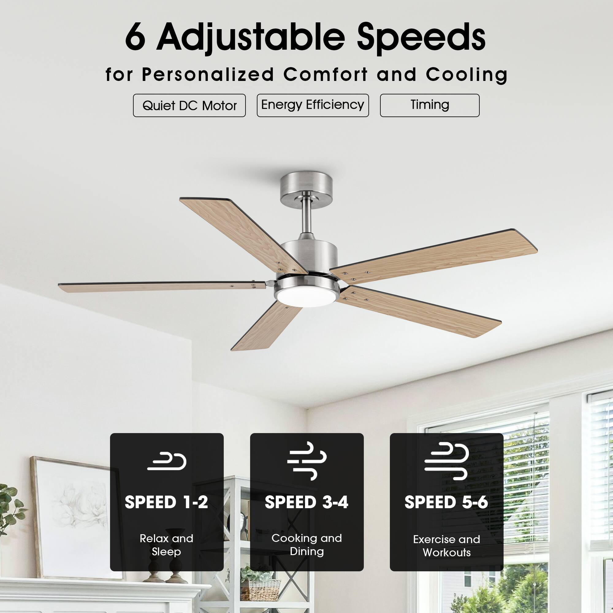 6 Adjustable Speeds for Personalized Comfort and Cooling

- Quiet DC Motor
- Energy Efficiency
- Timing

SPEED 1-2  
Relax and Sleep

SPEED 3-4  
Cooking and Dining

SPEED 5-6  
Exercise and Workouts