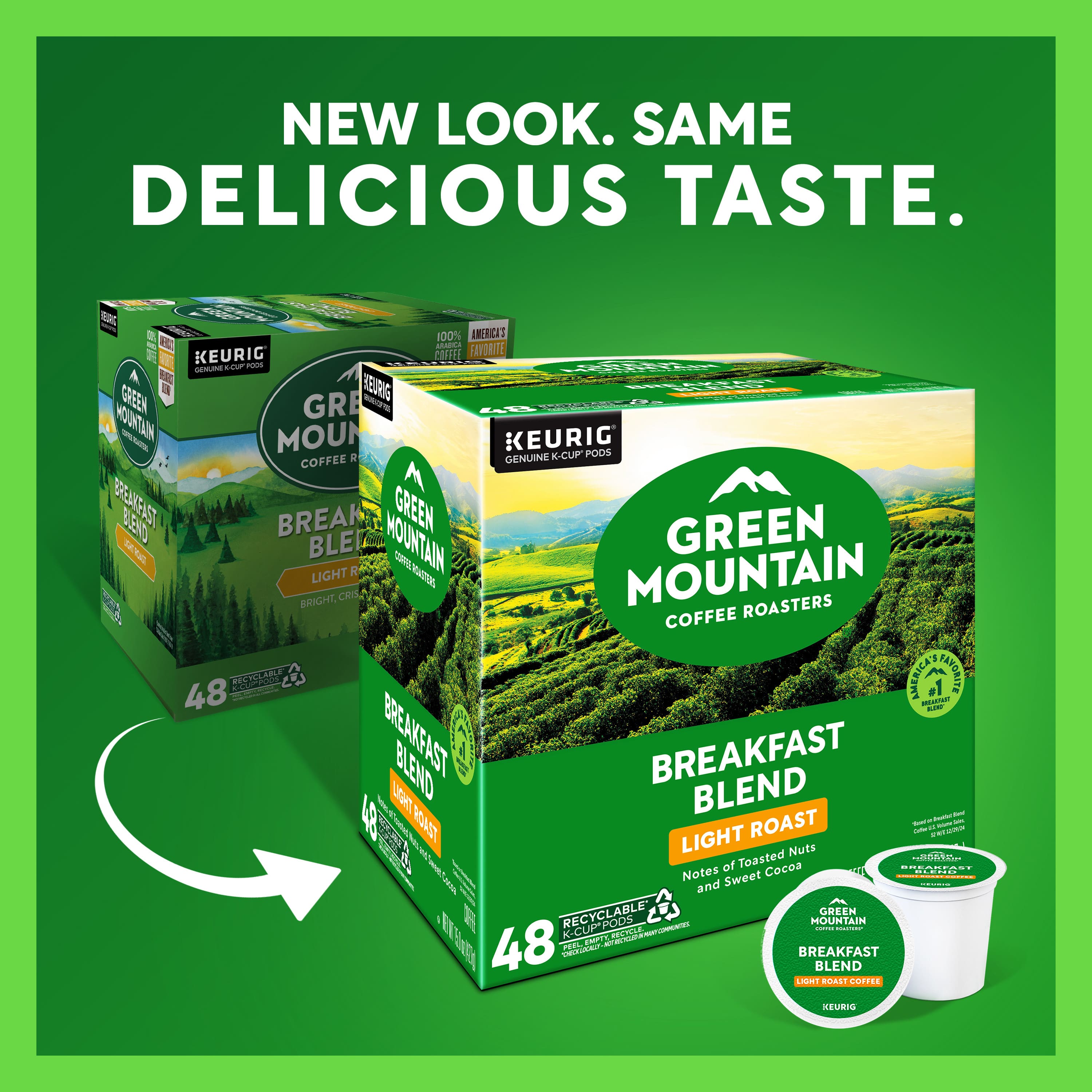NEW LOOK. SAME DELICIOUS TASTE.
GREEN MOUNTAIN COFFEE ROASTERS
BREAKFAST BLEND
LIGHT ROAST
Notes of Toasted Nuts and Sweet Cocoa
48 K-CUP PODS
100% AMERICA'S FAVORITE
RECYCLABLE K-CUP PODS
KEURIG GENUINE K-CUP PODS
BREAKFAST BLEND
LIGHT ROAST
GREEN MOUNTAIN COFFEE ROASTERS
BREAKFAST BLEND
LIGHT ROAST
48 K-CUP PODS
100% AMERICA'S FAVORITE
RECYCLABLE K-CUP PODS
KEURIG GENUINE K-CUP PODS