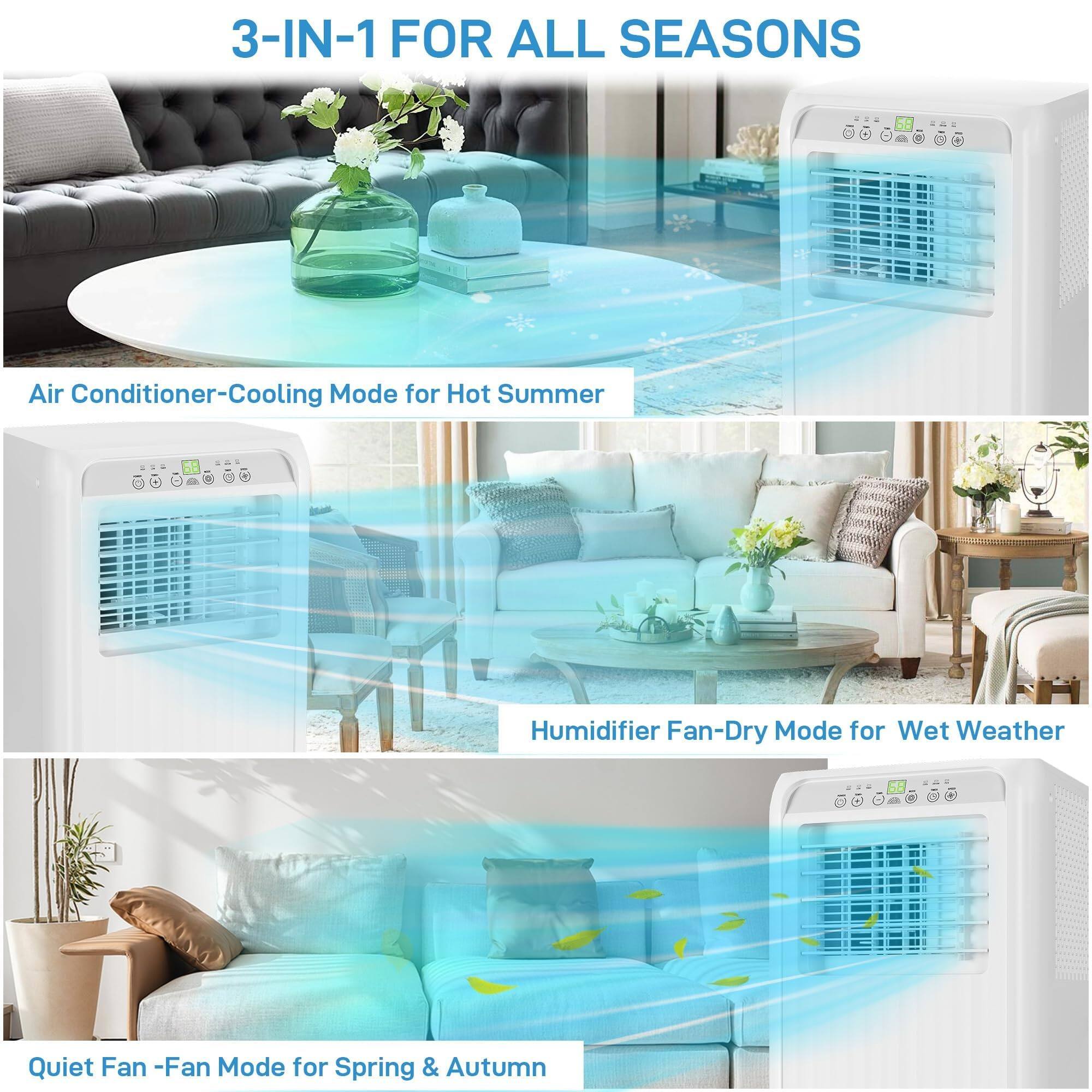 3-IN-1 FOR ALL SEASONS

Air Conditioner-Cooling Mode for Hot Summer

Humidifier Fan-Dry Mode for Wet Weather

Quiet Fan-Fan Mode for Spring & Autumn