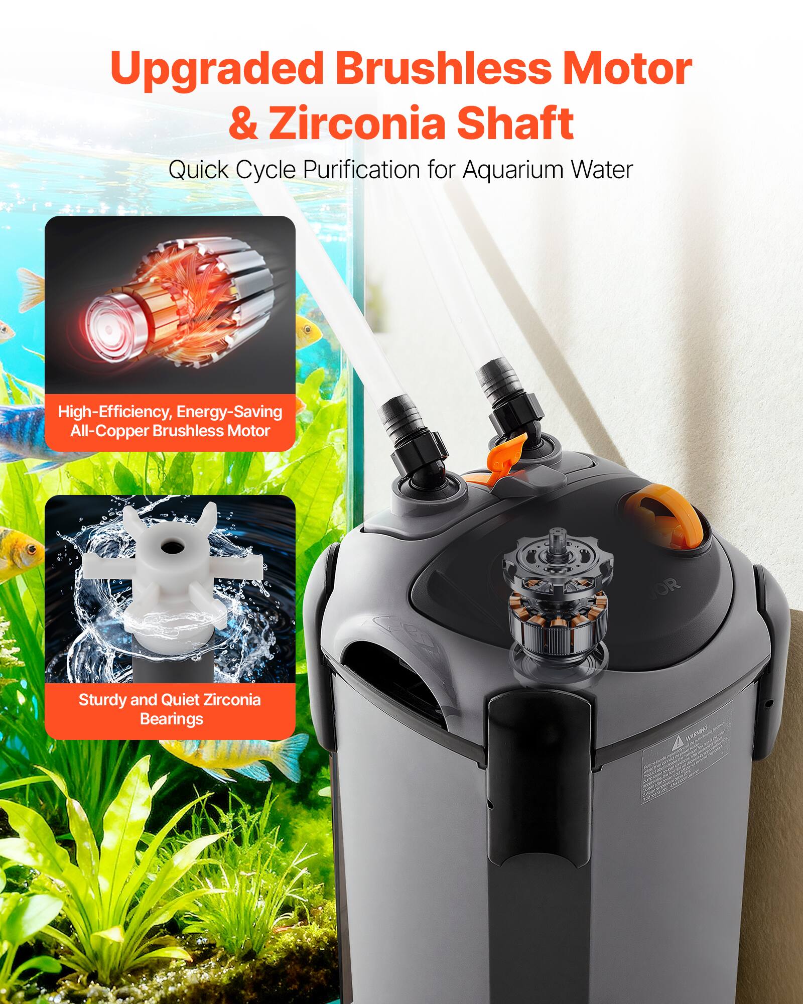 Upgraded Brushless Motor & Zirconia Shaft  
Quick Cycle Purification for Aquarium Water  

High-Efficiency, Energy-Saving All-Copper Brushless Motor  

Sturdy and Quiet Zirconia Bearings