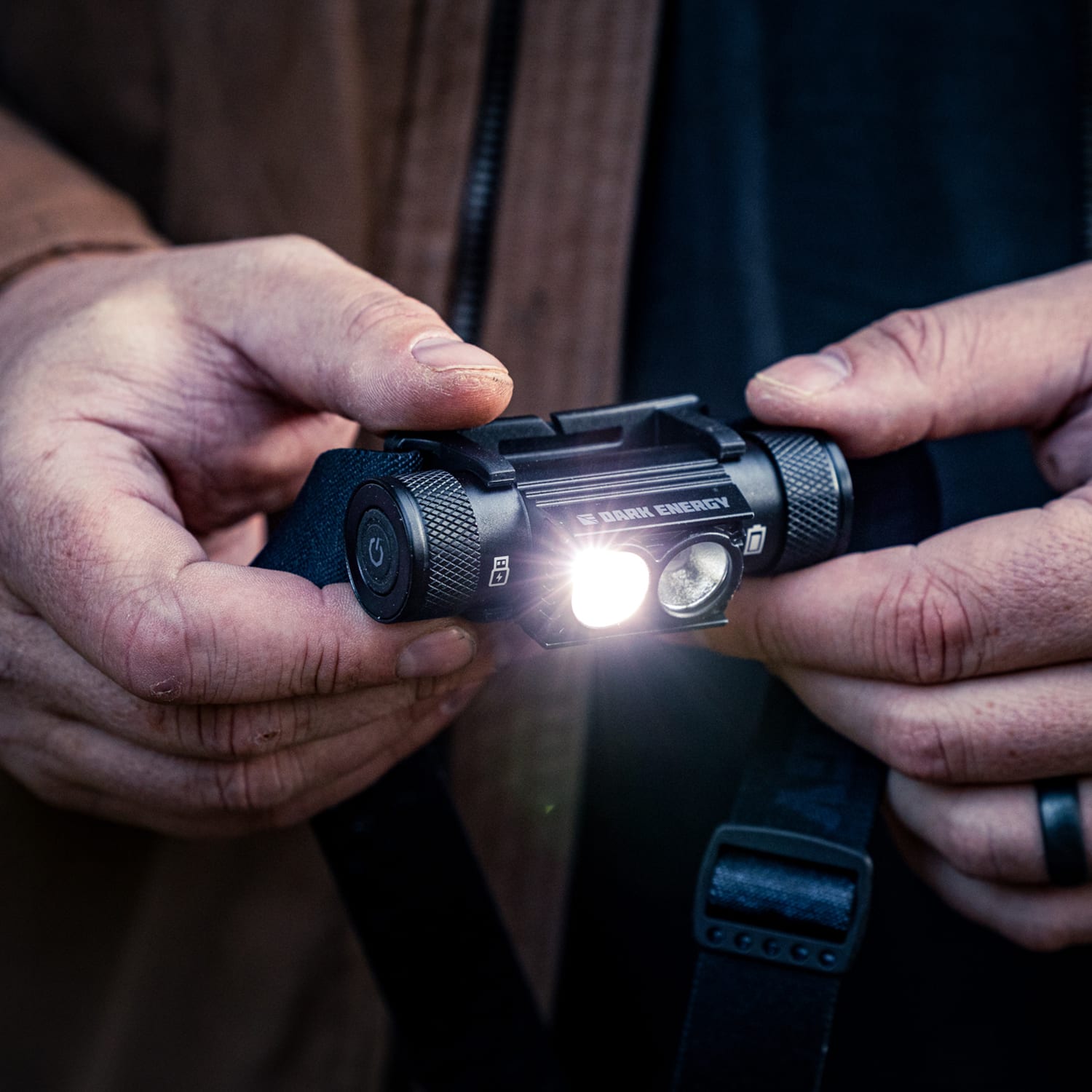 Alt View 4. Dark Energy - Rechargeable LED Headlamp | 900 Lumens with White & Red Light | IP66 Water-Resistant with Adjustable Hex-Grip Strap - Black.