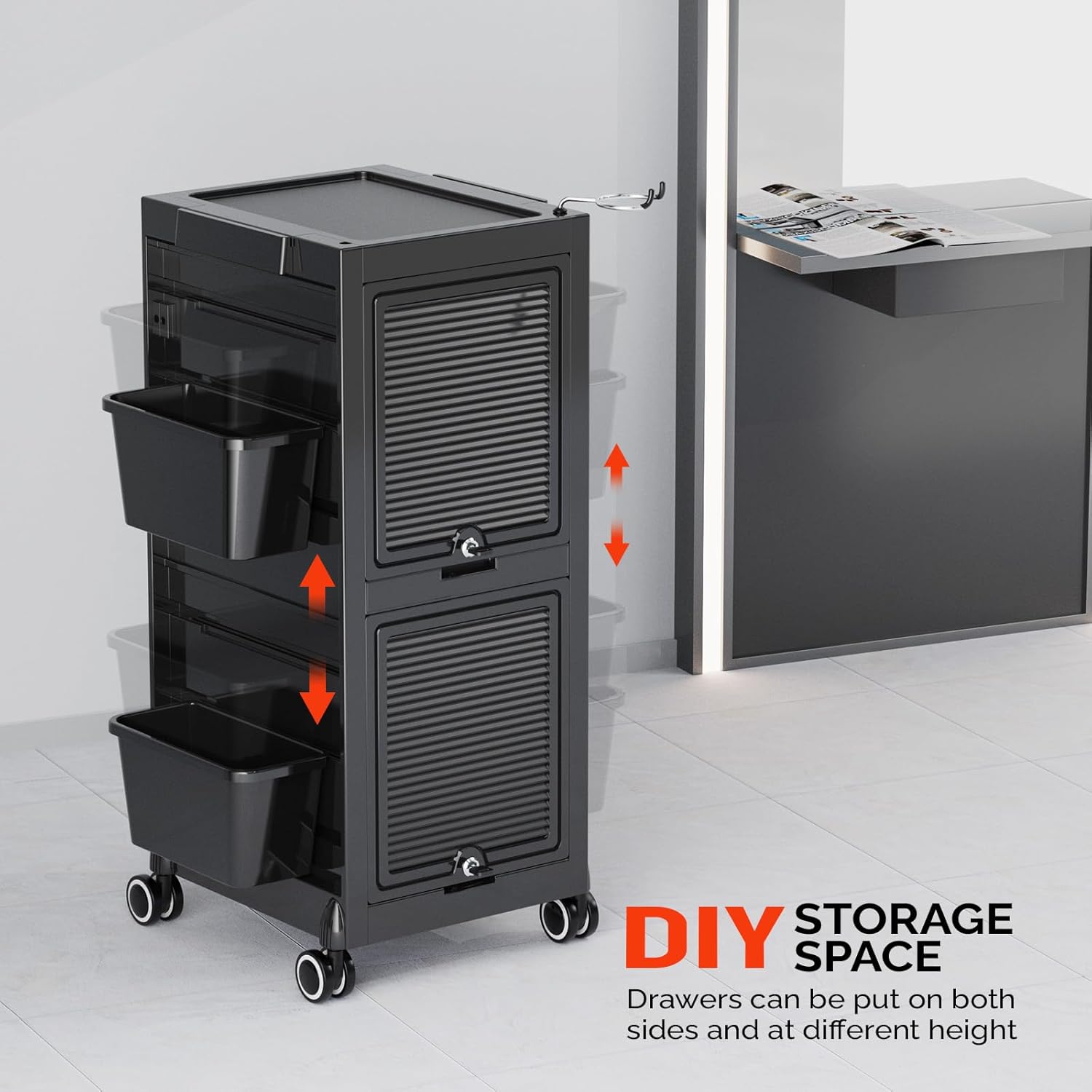 DIY STORAGE SPACE  
Drawers can be put on both sides and at different height