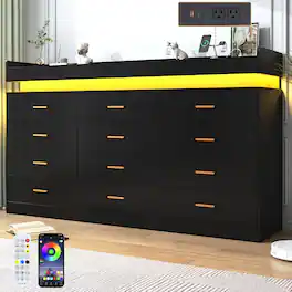 Espafurni - 12 - Drawer Dresser with LED Light & Charging Station - Modern Chest for Bedroom, Living Room, Entryway & Hallway - Black