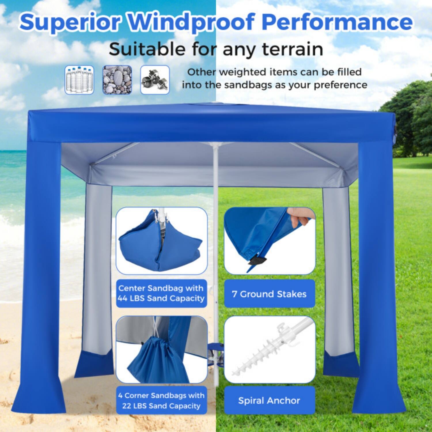 Superior Windproof Performance  
Suitable for any terrain  
Other weighted items can be filled into the sandbags as your preference  

- Center Sandbag with 44 LBS Sand Capacity  
- 4 Corner Sandbags with 22 LBS Sand Capacity  
- 7 Ground Stakes  
- Spiral Anchor