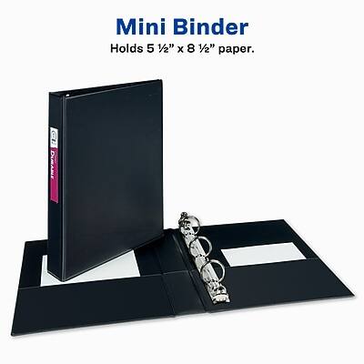 Mini Binder  
Holds 5 1/2" x 8 1/2" paper.  
DURABLE