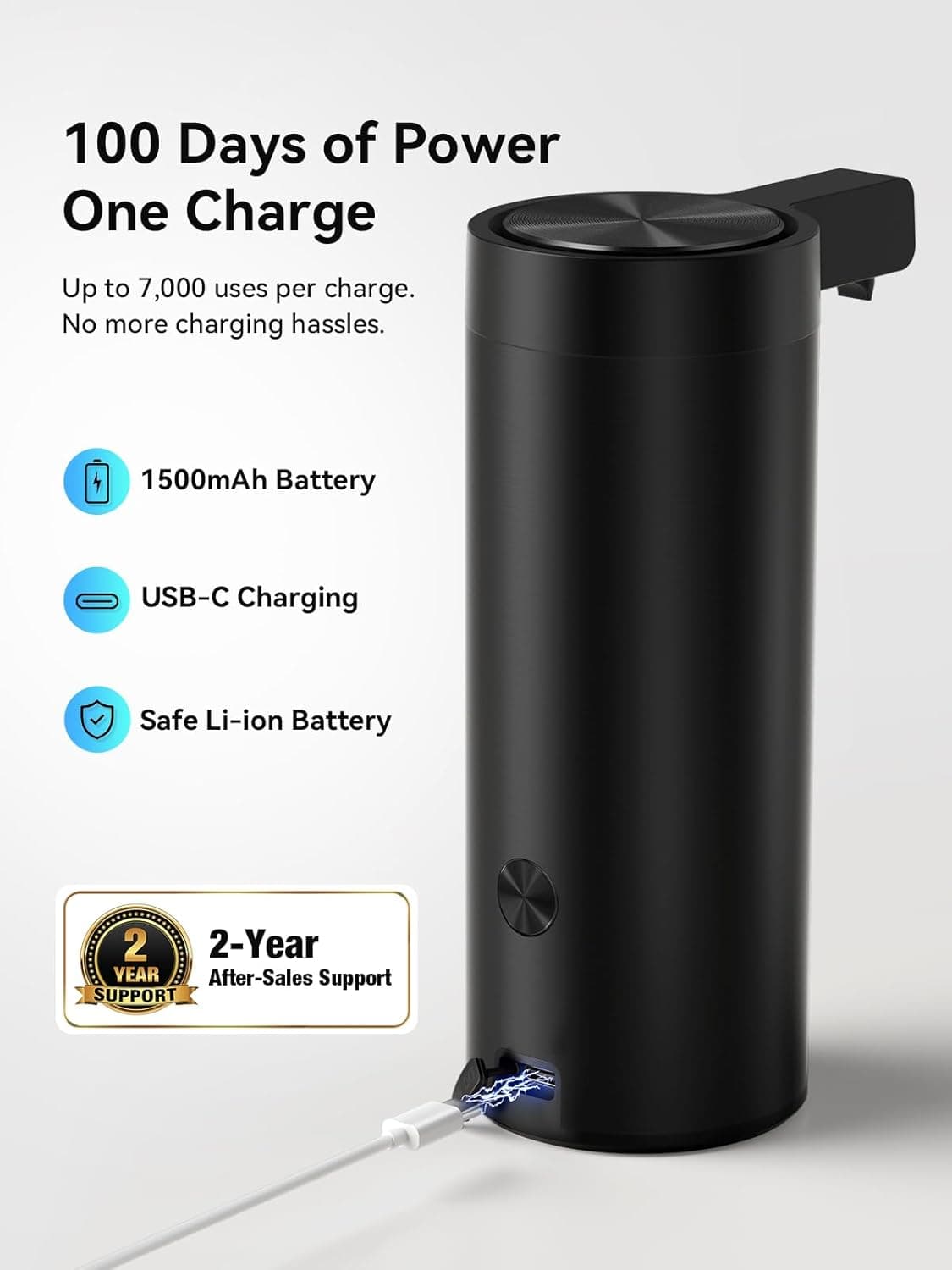 100 Days of Power One Charge  
Up to 7,000 uses per charge. No more charging hassles.  

1500mAh Battery  
USB-C Charging  
Safe Li-ion Battery  

2-Year After-Sales Support