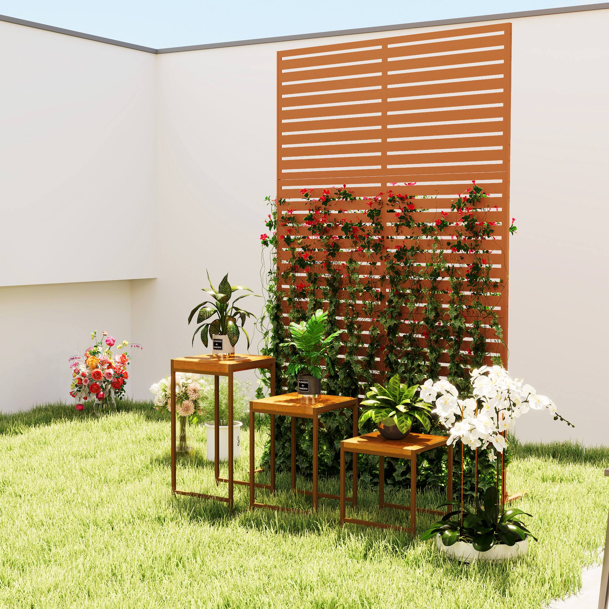 Alt View 7. Outsunny - Metal Outdoor Privacy Screen, 78" H x 48" W Decorative Privacy Fence Screen, Freestanding Outdoor Divider with Stand - Brown/Striped.