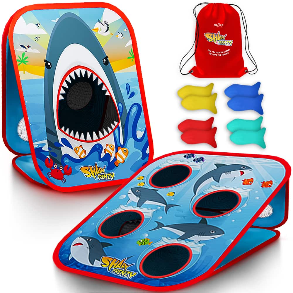 Swooc Games - Shark Frenzy - 2-in-1 Bean Bag Toss Game for Kids - 5-Second Setup Toddler Party Games For Kids - Toddler Outdoor Games - Blue