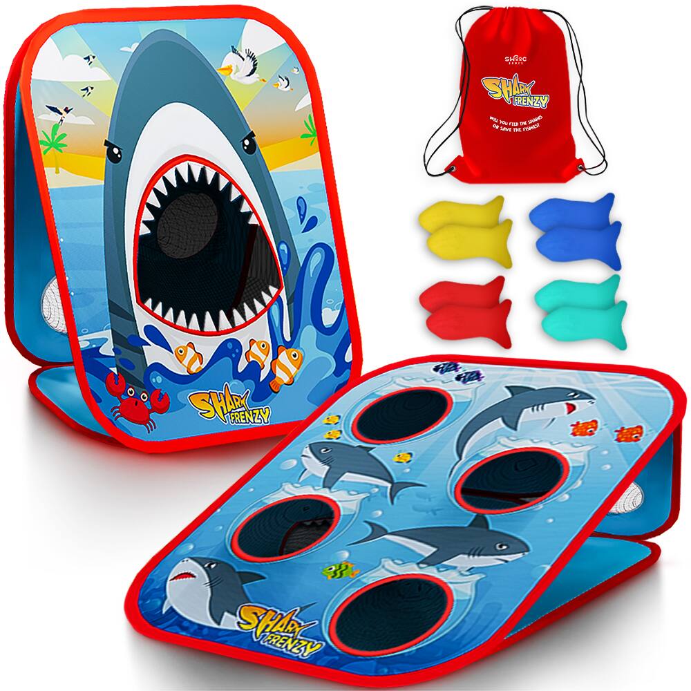 Swooc Games - Shark Frenzy - 2-in-1 Bean Bag Toss Game for Kids - 5-Second Setup Toddler Party Games For Kids - Toddler Outdoor Games - Blue