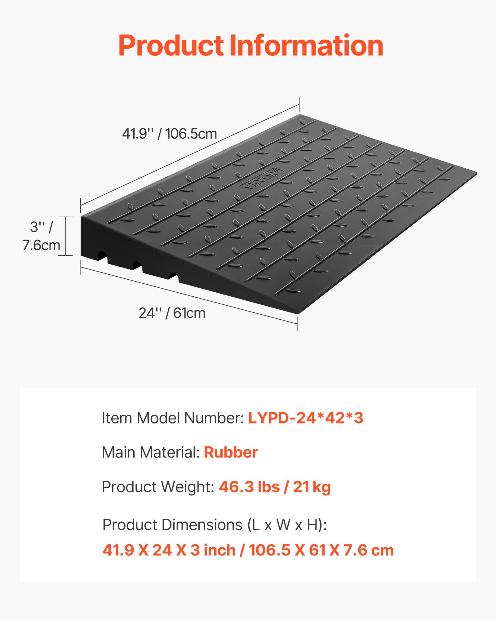 Product Information

41.9" / 106.5cm  
3" / 7.6cm  
24" / 61cm  

Item Model Number: LYPD-24*42*3  
Main Material: Rubber  
Product Weight: 46.3 lbs / 21 kg  
Product Dimensions (L x W x H): 41.9 X 24 X 3 inch / 106.5 X 61 X 7.6 cm