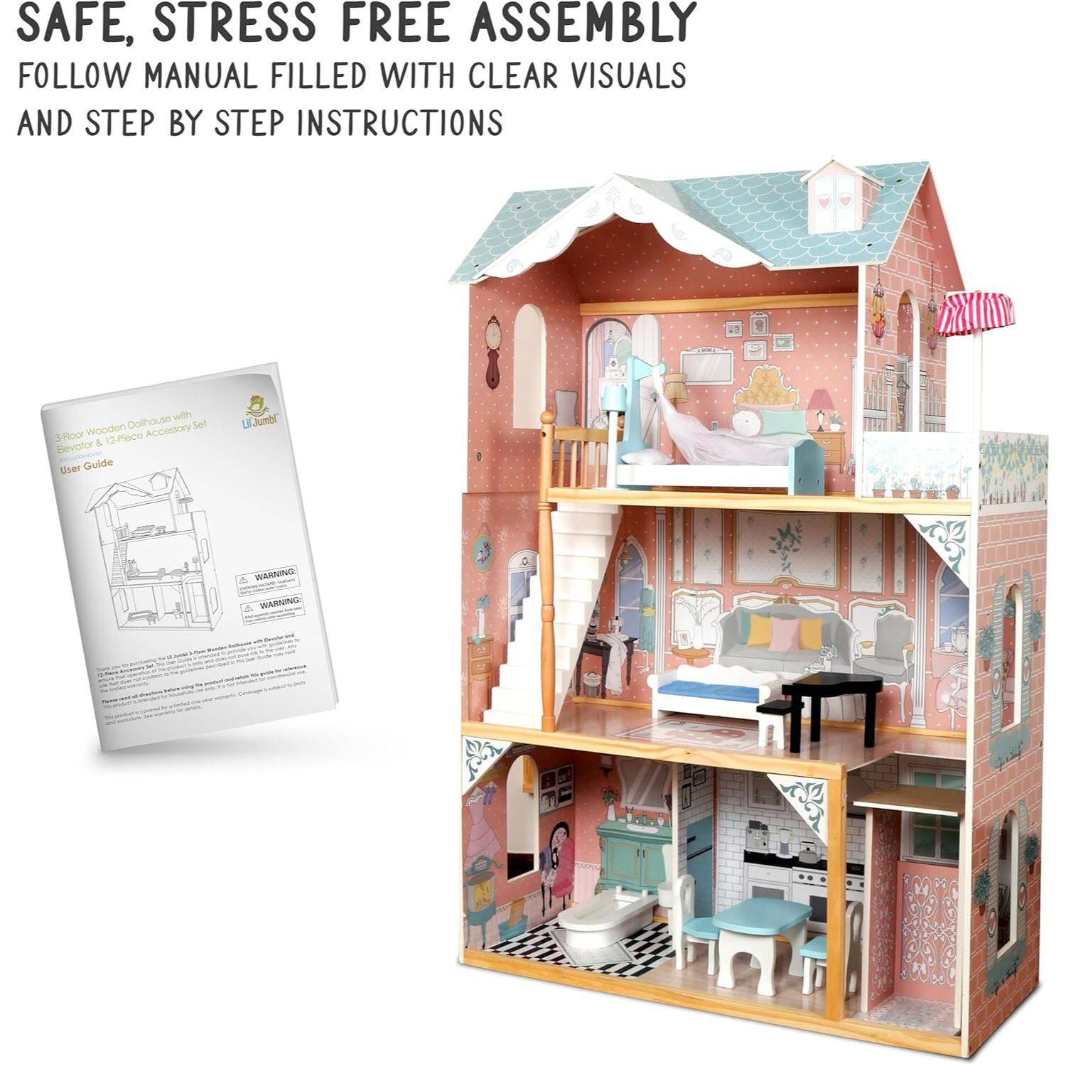 SAFE, STRESS FREE ASSEMBLY  
FOLLOW MANUAL FILLED WITH CLEAR VISUALS AND STEP BY STEP INSTRUCTIONS  

3-Story Wooden Dollhouse with 12-Piece Accessory Set  
User Guide  

WARNING  
WARNING