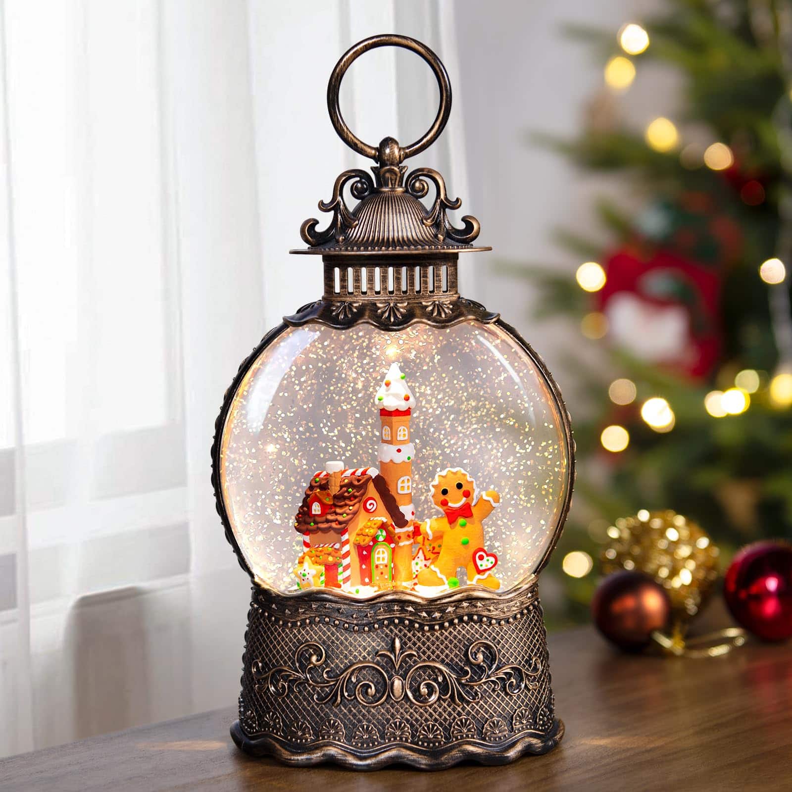 Refined Abode Design - Christmas Snow Globes Lantern Music Winter Village Scene Swirling Glitter Effects Usbbattery 6-hour Timer - Multi