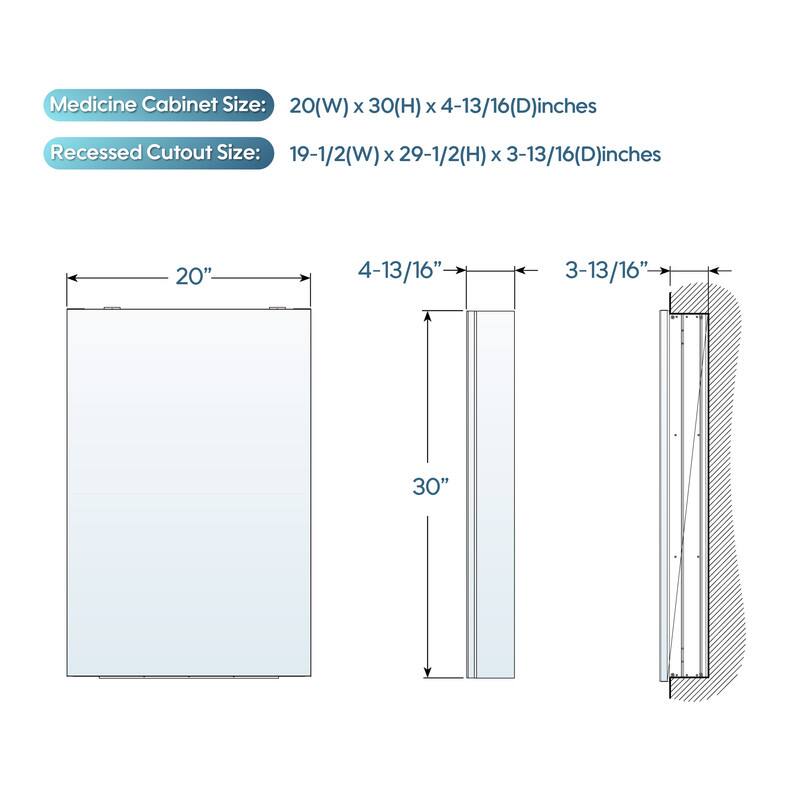 Medicine Cabinet Size: 20(W) x 30(H) x 4-13/16(D) inches  
Recessed Cutout Size: 19-1/2(W) x 29-1/2(H) x 3-13/16(D) inches  

20"  
4-13/16"  
3-13/16"  
30"