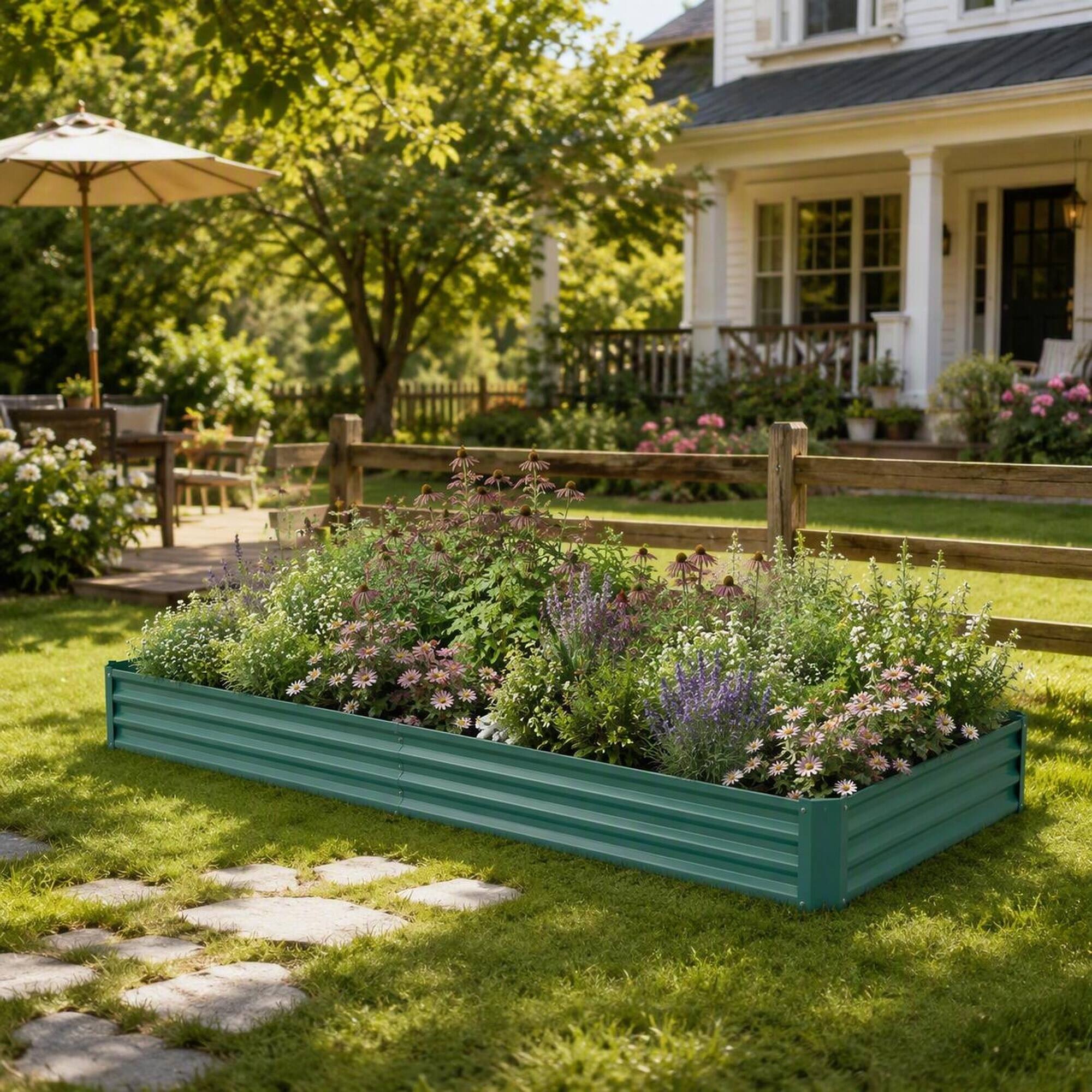 Back. RYHNUYNE - Raised Garden Bed Metal Planter Box 7.6x3.7x0.98 Feet for Vegetables Flowers Herbs Outdoor Yard - Green.